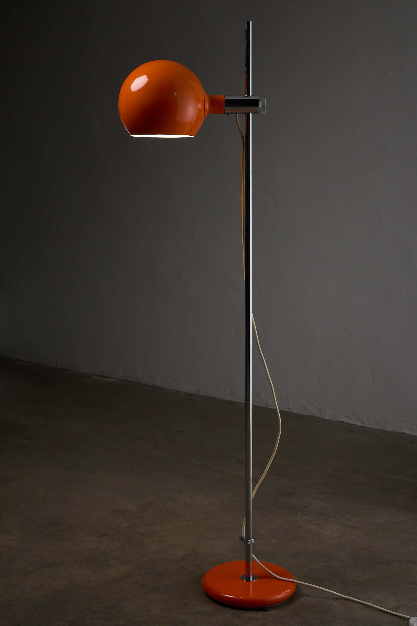Orange Metal Sphere Floor Lamp by Cosack, Germany 1960s with a chrome-plated stem and orange lacquered shade.
