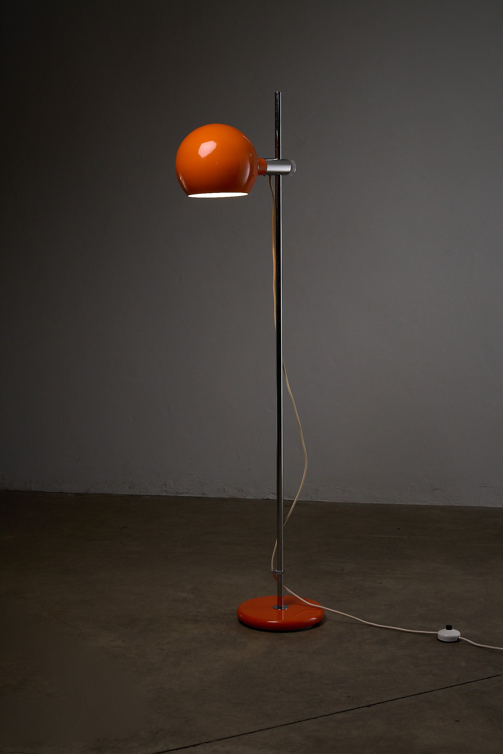 Orange Metal Sphere Floor Lamp by Cosack, Germany 1960s showcasing adjustable shade and chrome-plated design.