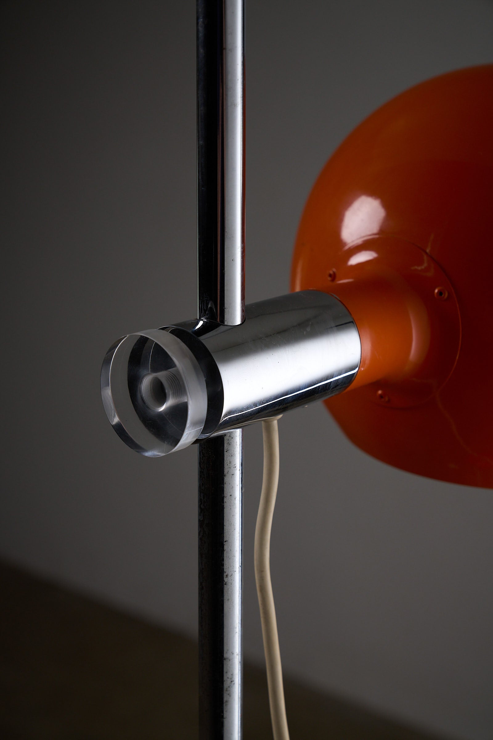 Close-up of chrome details on the Orange Metal Sphere Floor Lamp by Cosack, Germany 1960s, showcasing its Space Age design.