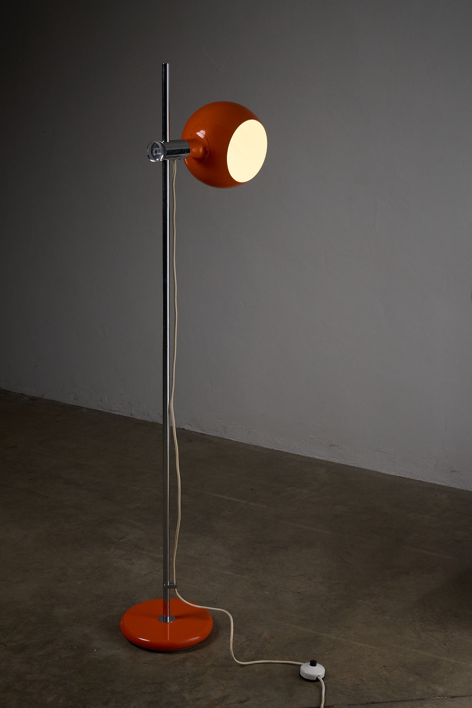 Orange Metal Sphere Floor Lamp by Cosack, Germany 1960s with adjustable shade and chrome base.