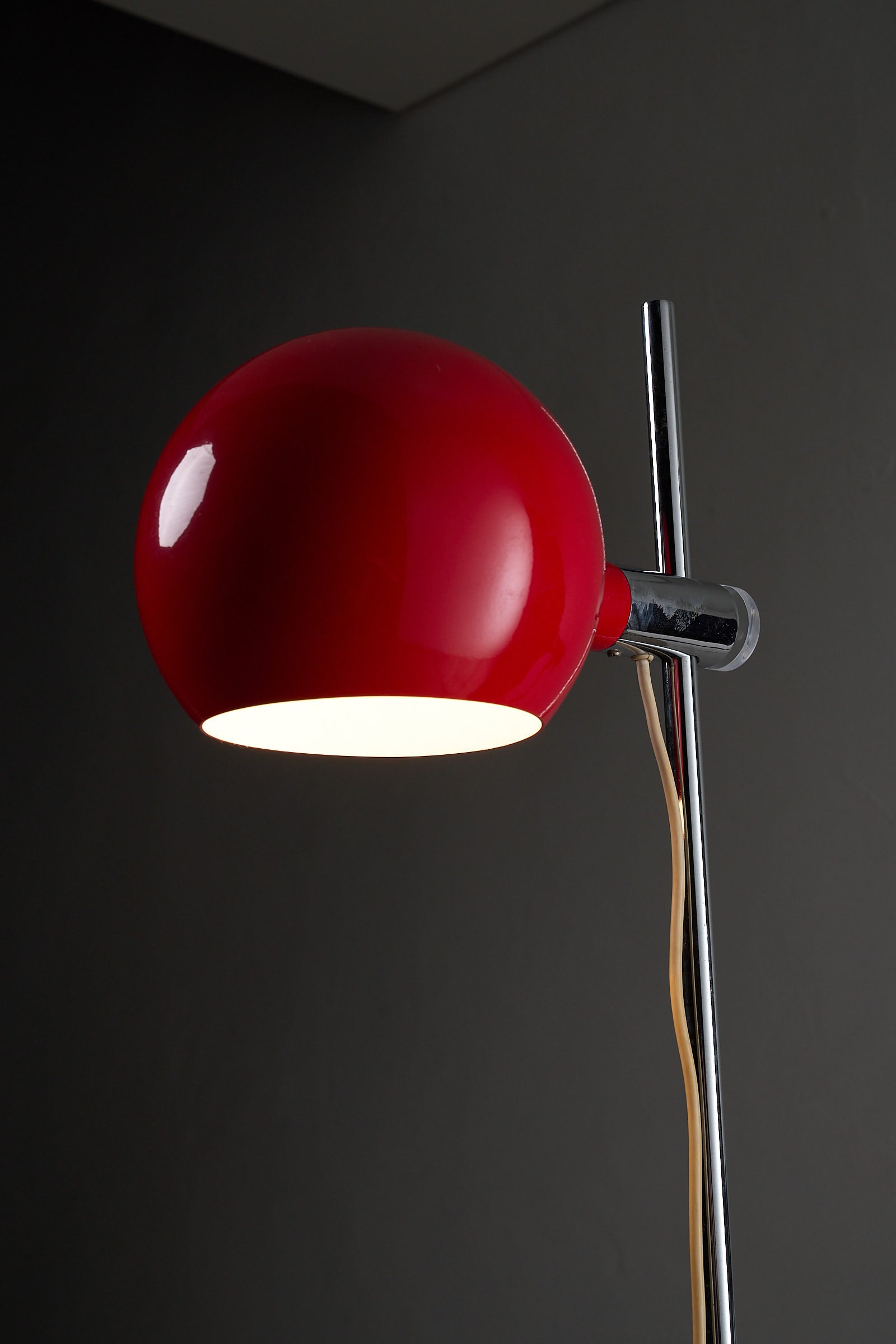 Red Sphere Floor Lamp by Cosack, Germany 1960s with adjustable red shade and chrome base.