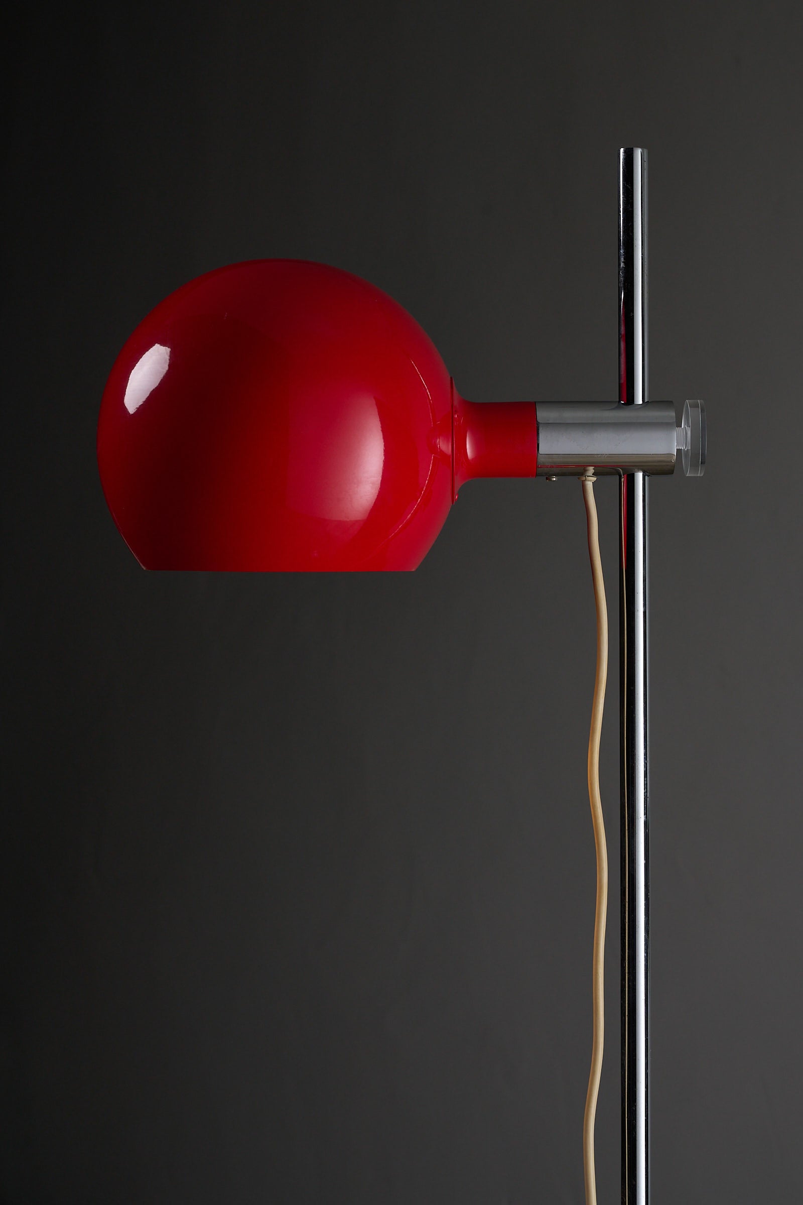 Red Sphere Floor Lamp by Cosack, Germany 1960s showcasing red lacquered shade and chrome base.