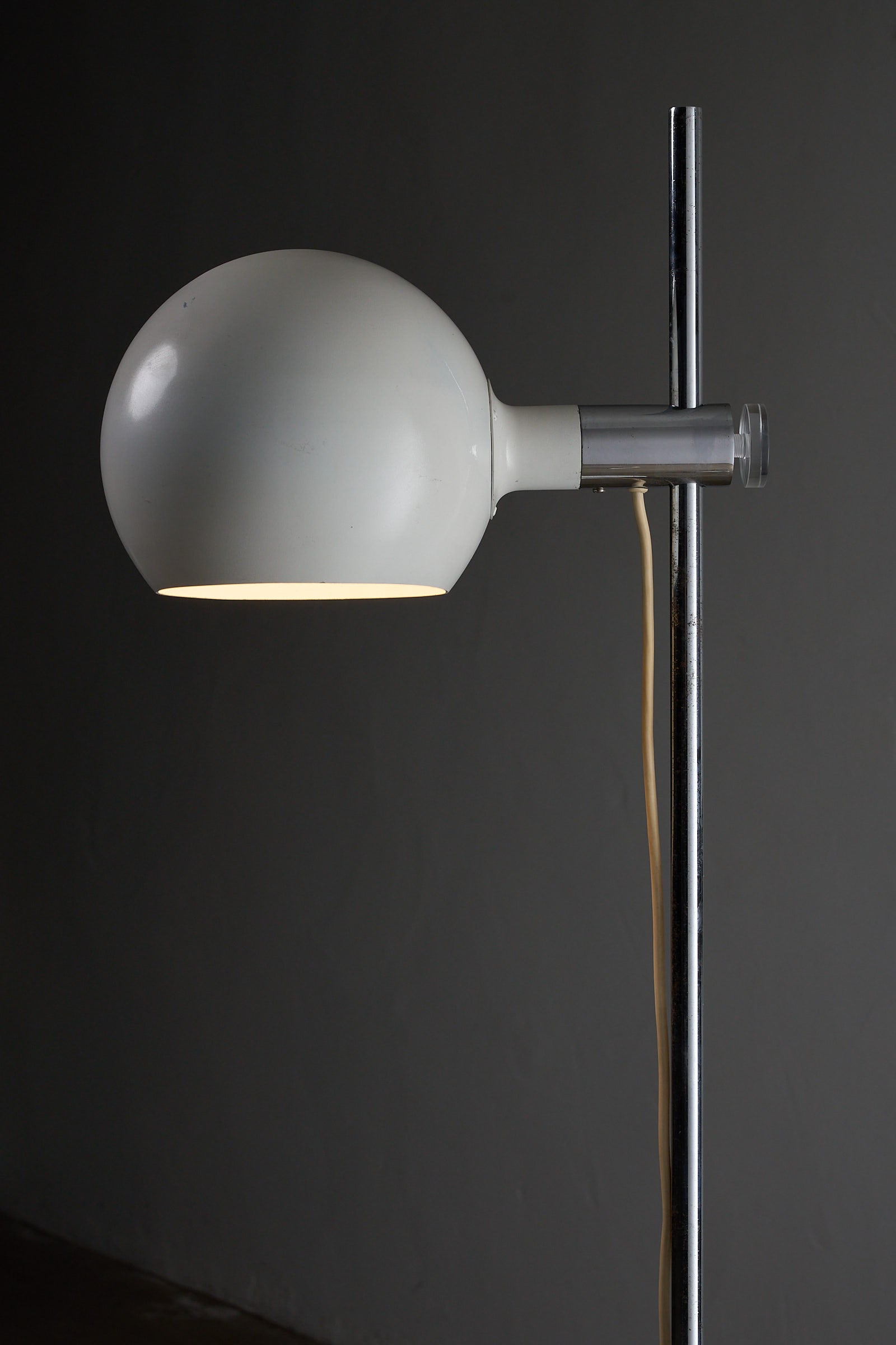 White Metal Sphere Floor Lamp by Cosack, Germany 1960s with adjustable spherical shade and chrome-plated stem.
