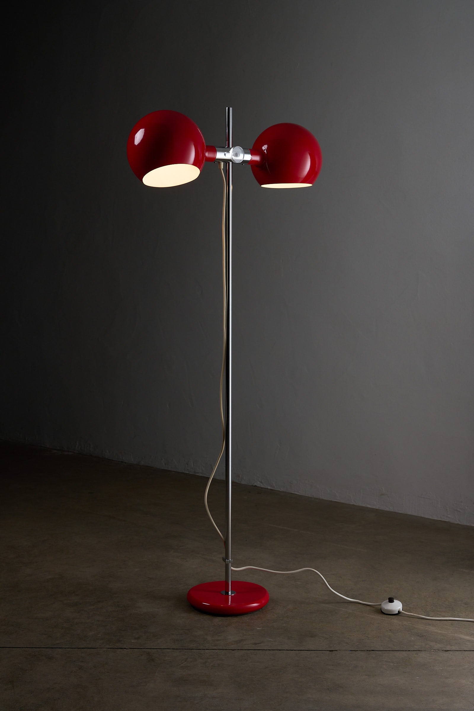 Red Double-Sphere Floor Lamp by Cosack, Germany 1960s with chrome stem and adjustable spheres.