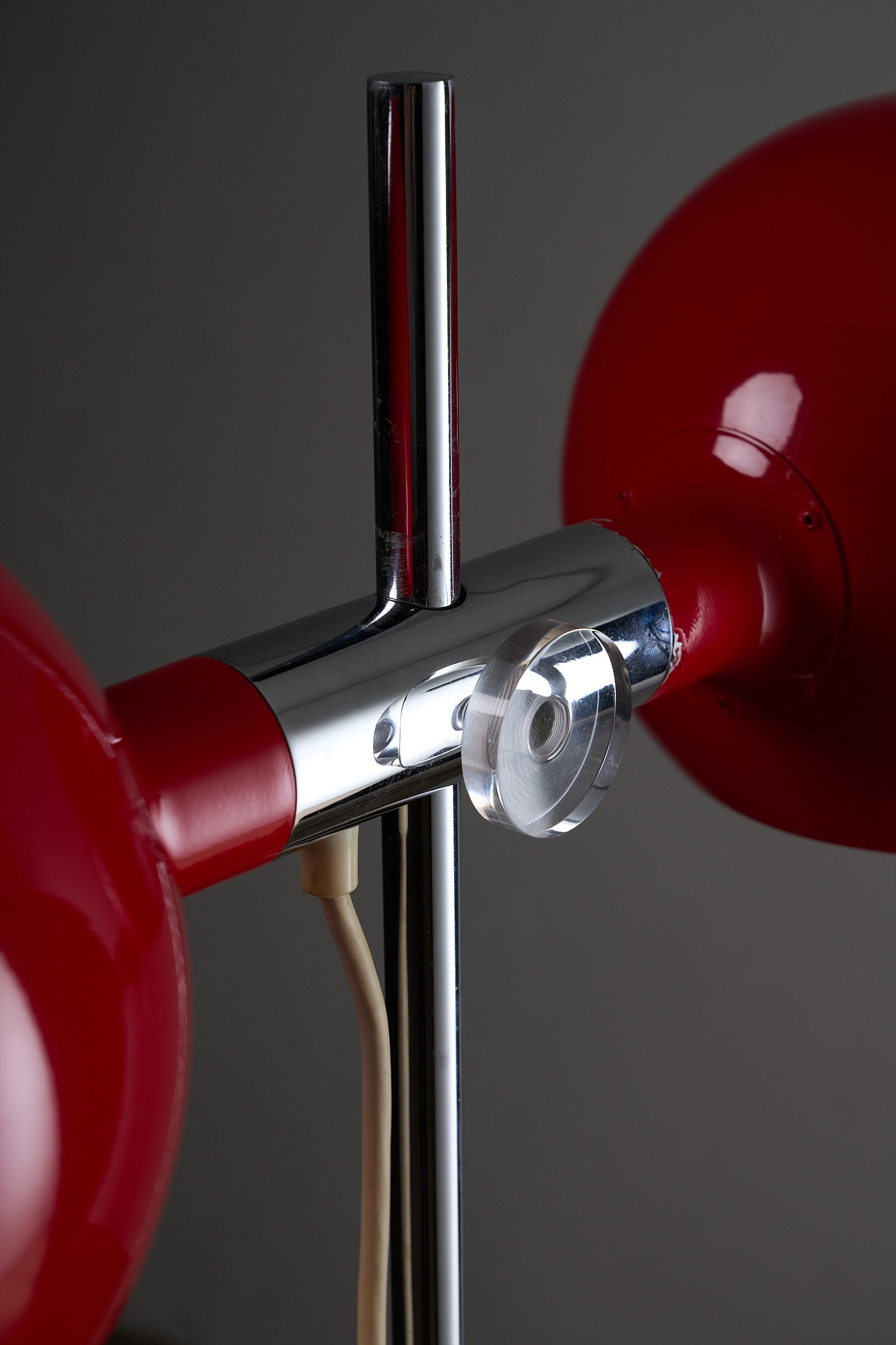 Close-up view of the Red Double-Sphere Floor Lamp by Cosack, Germany 1960s, highlighting chrome stem and red spheres.