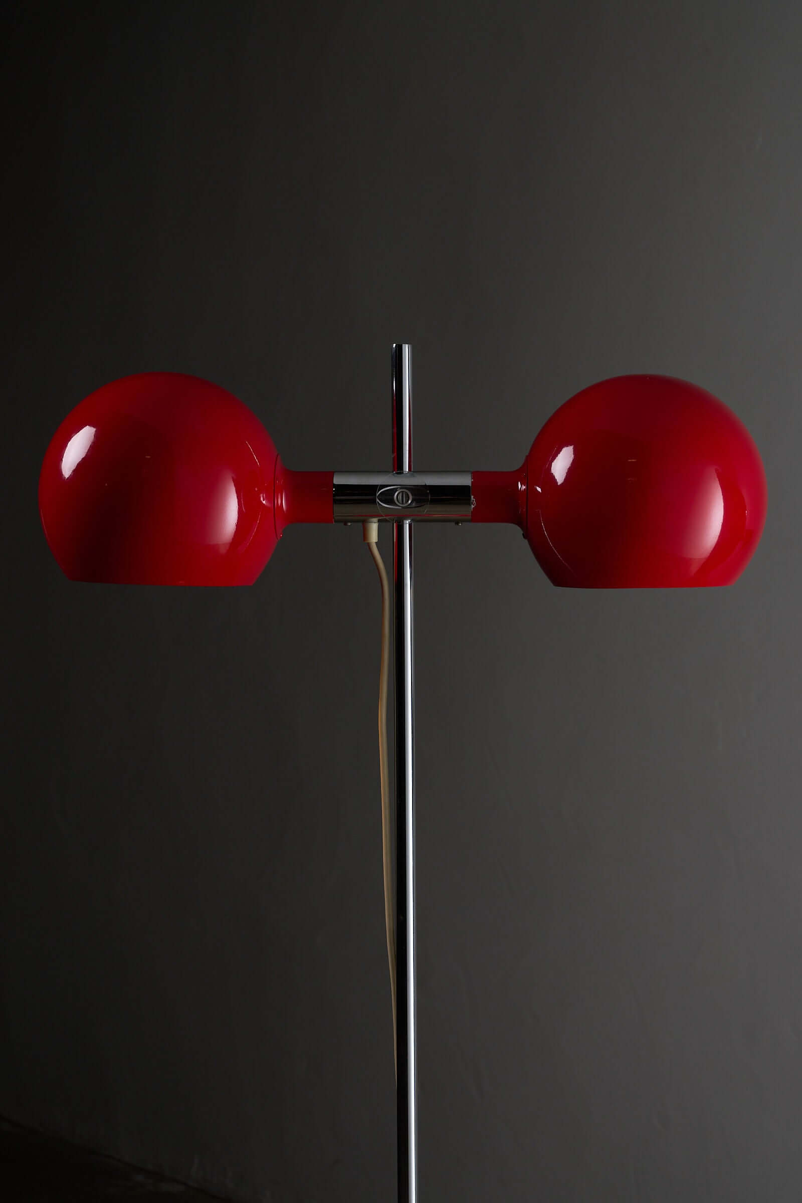 Red Double-Sphere Floor Lamp by Cosack, Germany 1960s with twin adjustable red spheres and chromed stem.