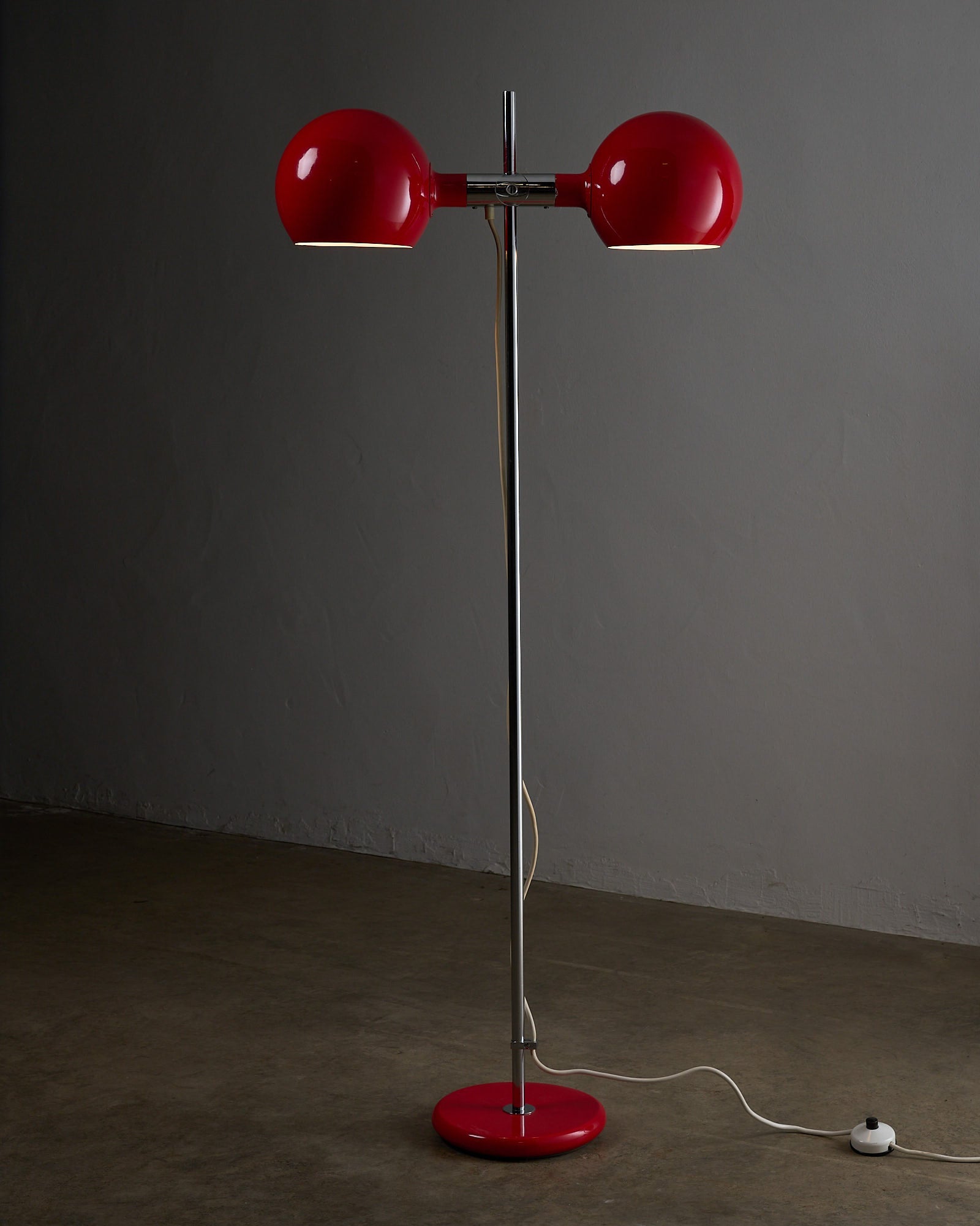 Red Double-Sphere Floor Lamp by Cosack, Germany 1960s with chrome stem and twin spheres.