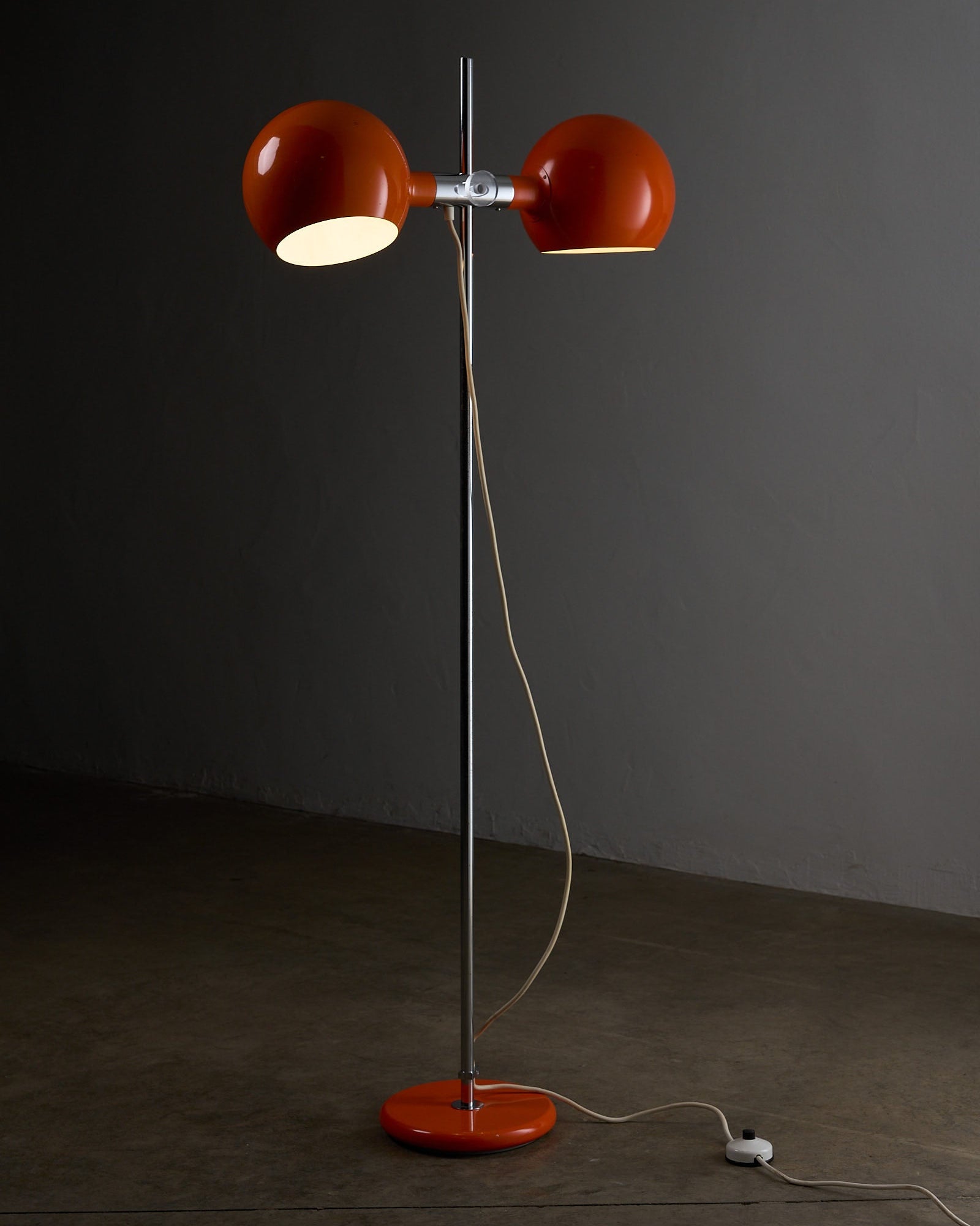 Orange Double-Sphere Floor Lamp by Cosack, Germany 1960s with rotatable shades and chromed steel base.
