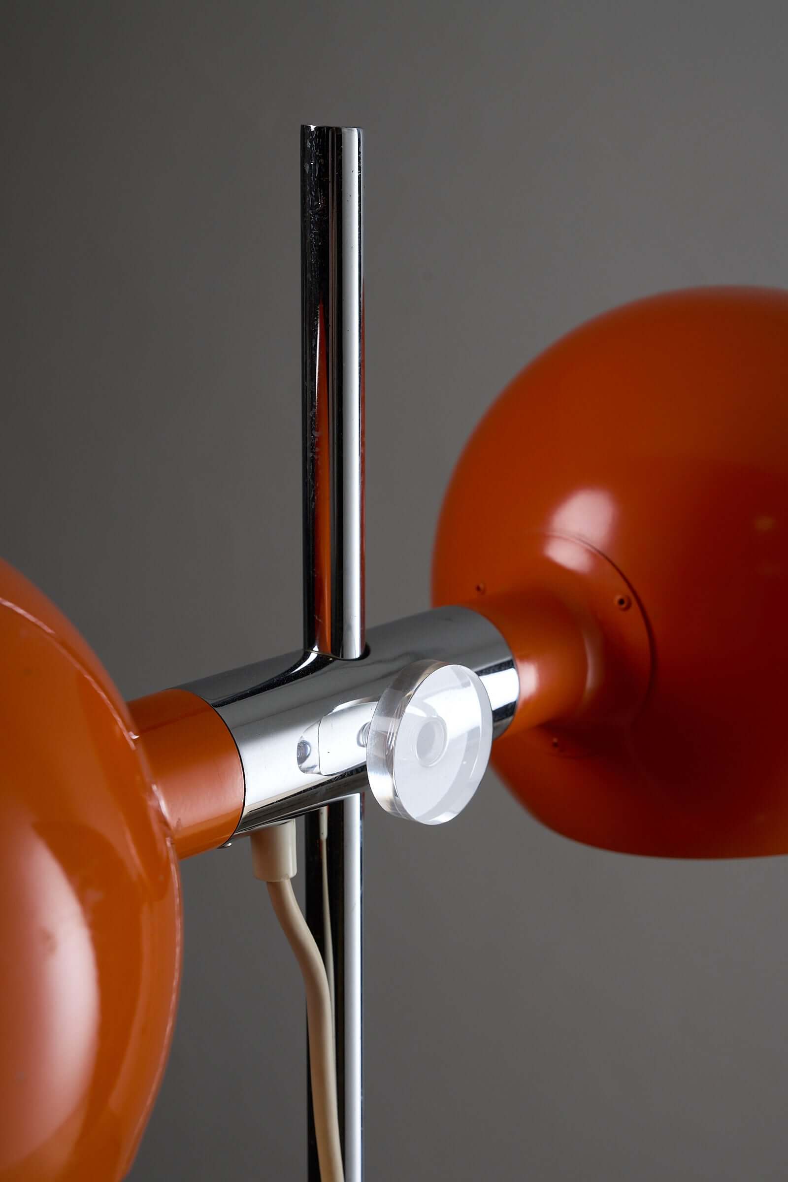 Orange Double-Sphere Floor Lamp by Cosack, Germany 1960s, showcasing the chrome stem and rotatable spheres.