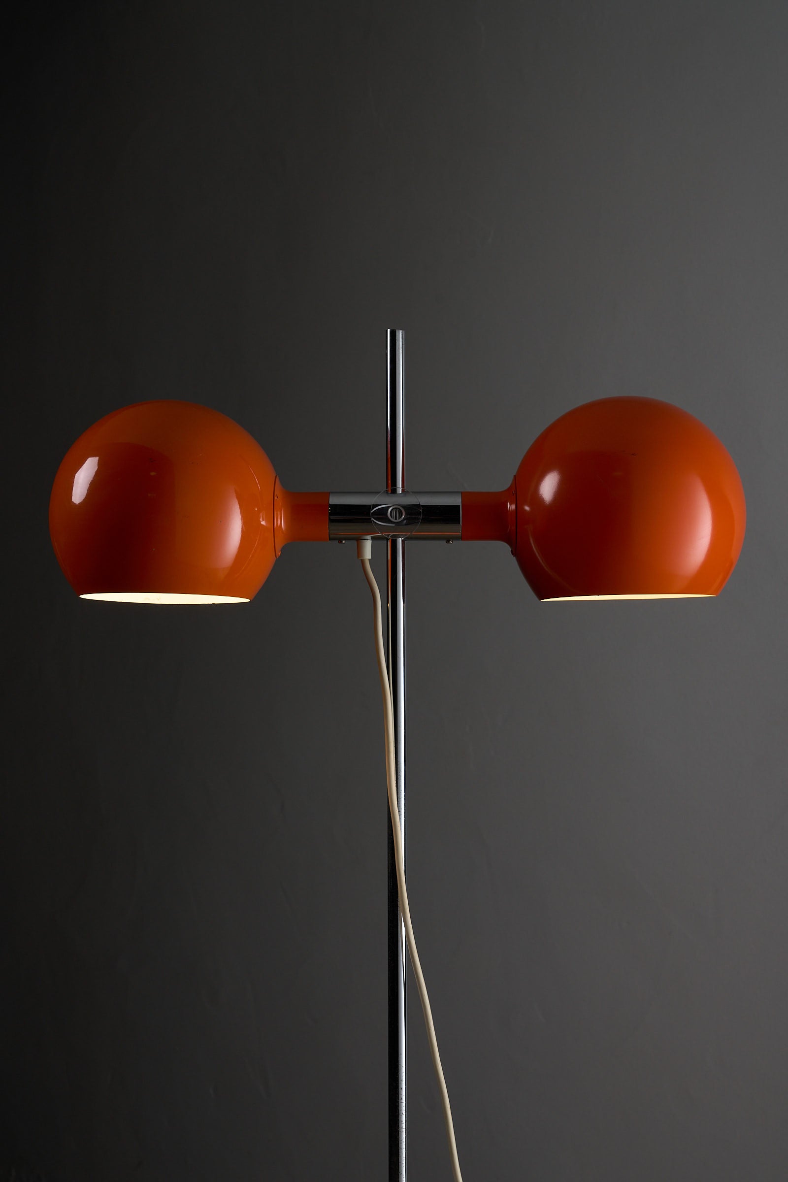 Orange Double-Sphere Floor Lamp by Cosack, Germany 1960s showcasing lacquered metal spheres and chrome base.