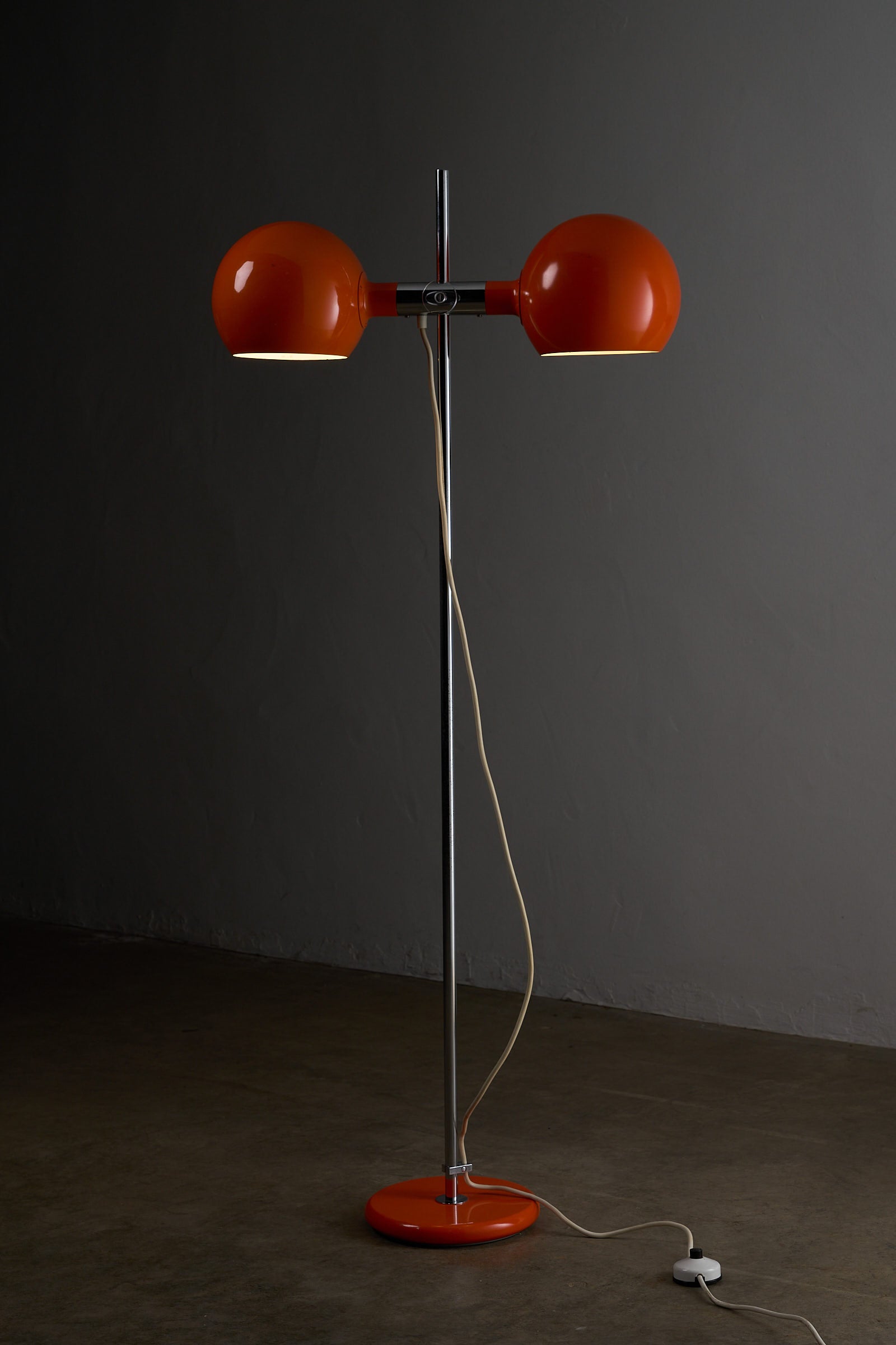Orange Double-Sphere Floor Lamp by Cosack, Germany 1960s with two rotatable shades and chrome stem.