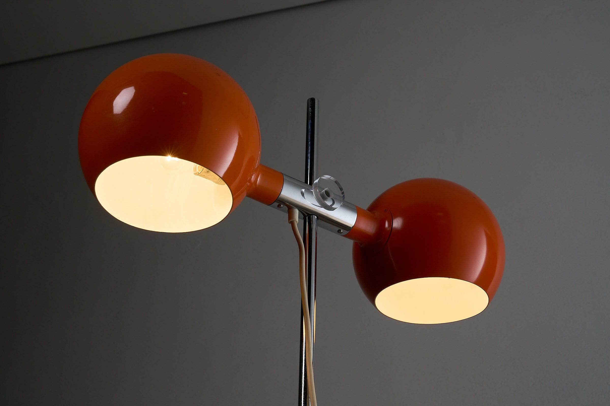 Orange Double-Sphere Floor Lamp by Cosack, Germany 1960s with two lacquered metal spheres and chromed steel stem.