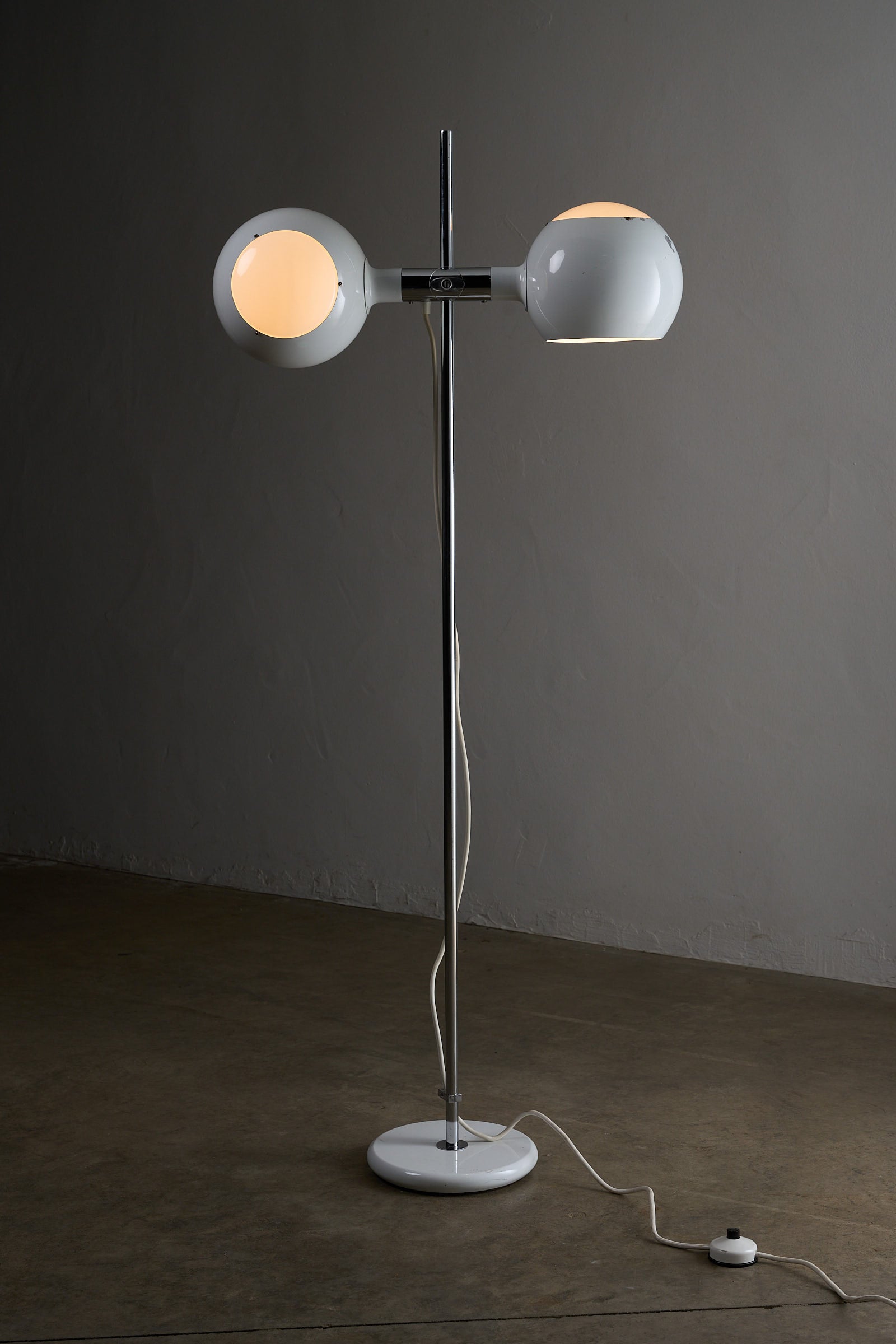 White Double-Sphere Floor Lamp with Diffuser featuring two spherical shades and chrome stem.