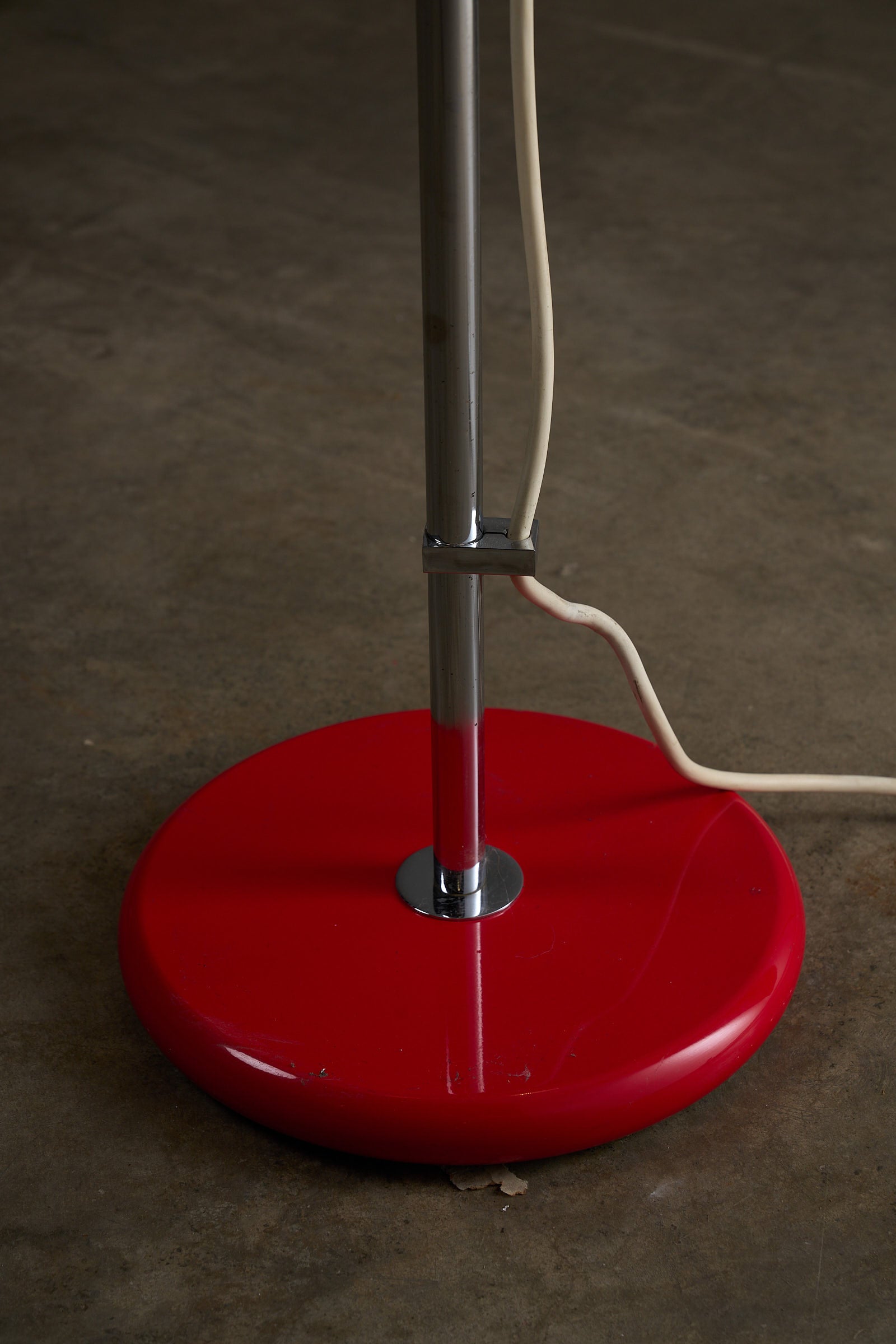 Red Double-Sphere Floor Lamp with Diffuser base showing chrome stem and electric cord.