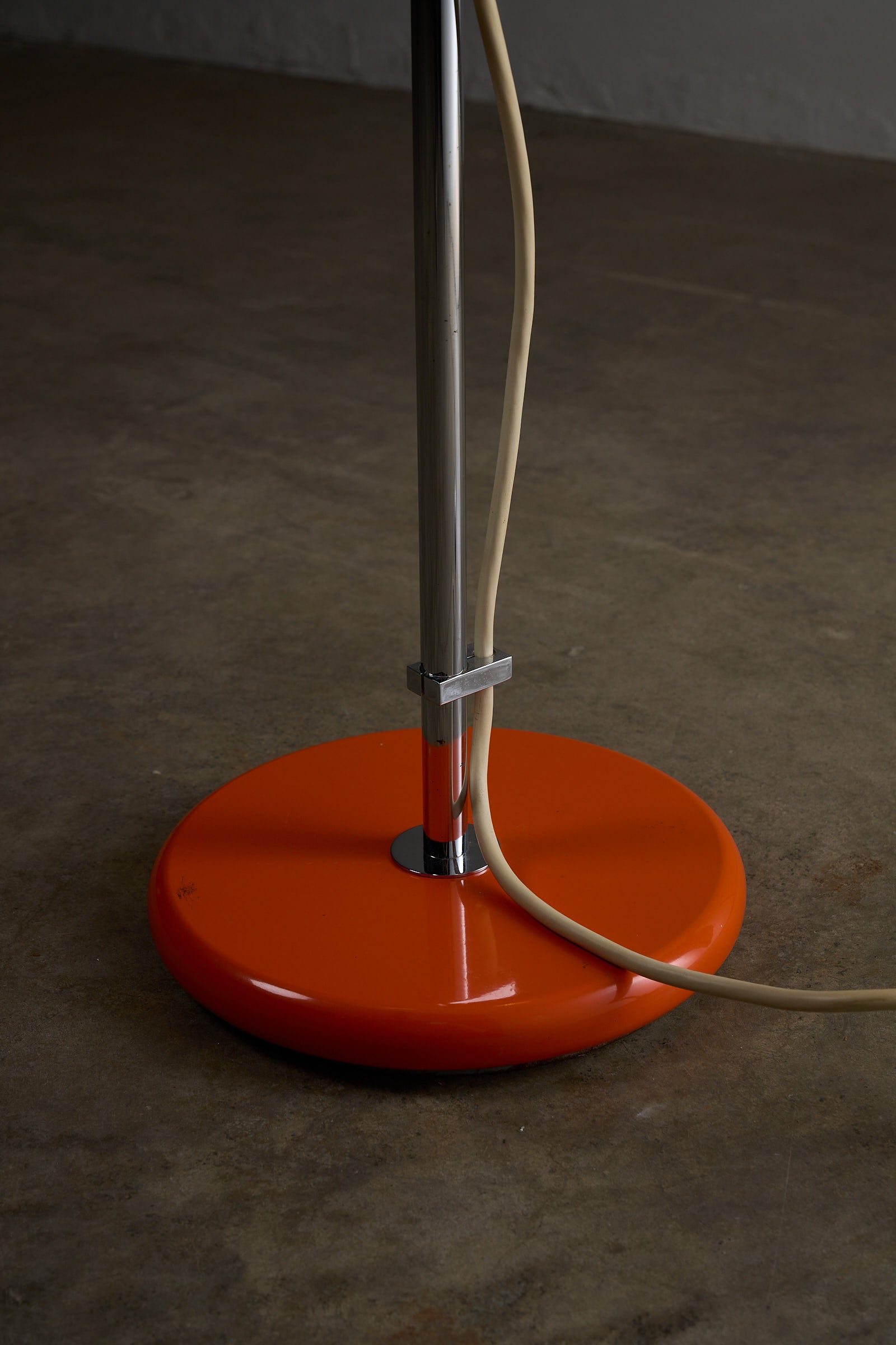 Orange Double-Sphere Floor Lamp with Diffuser base and stem detail, showcasing lacquered metal and chrome.