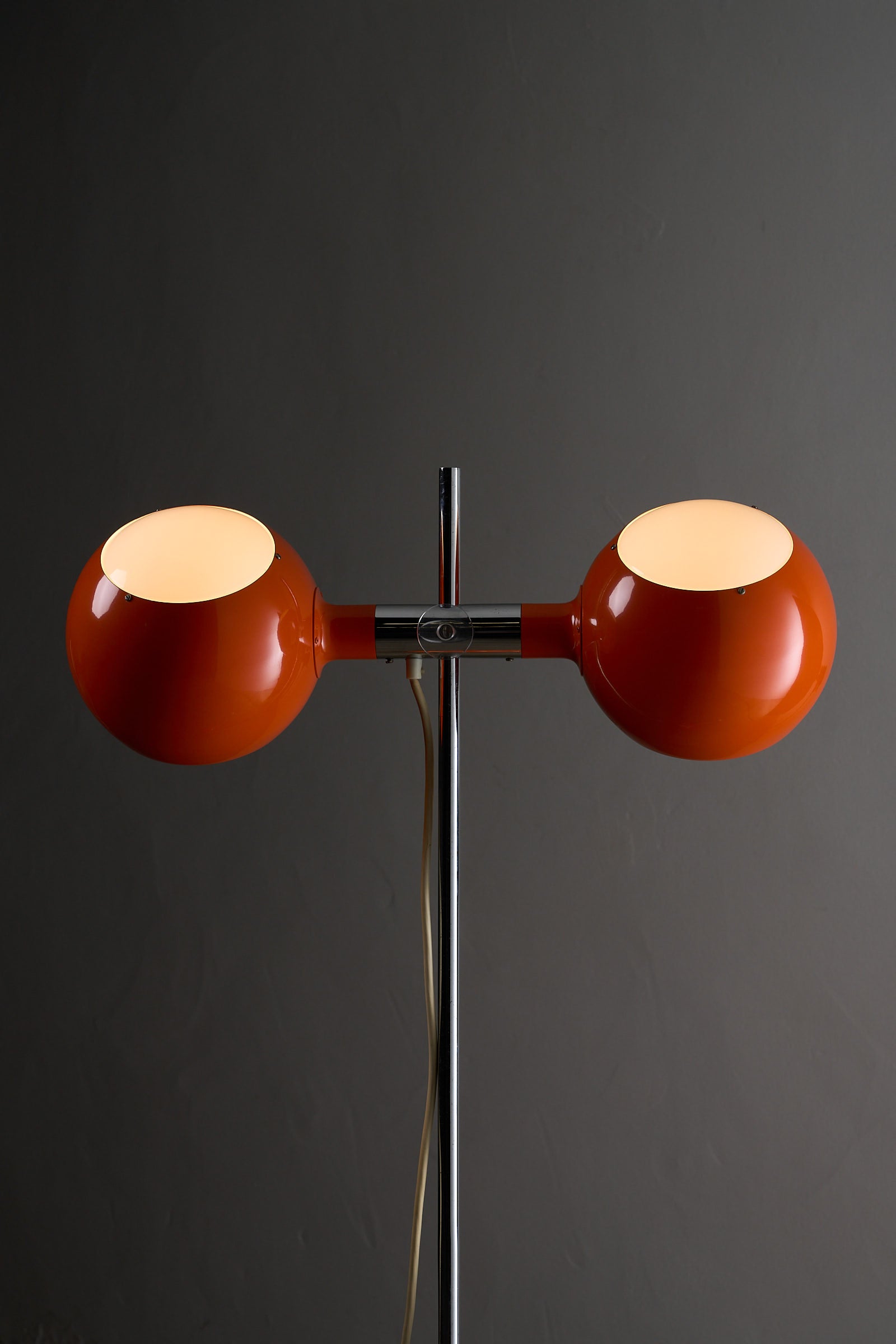 Orange Double-Sphere Floor Lamp with Diffuser featuring double-headed design and chrome steel stem.