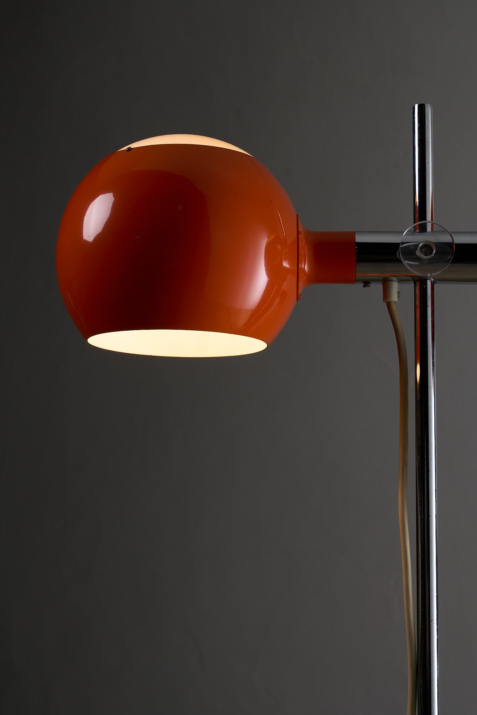 Orange Double-Sphere Floor Lamp with Diffuser showcasing a lacqued metal shade and chromed steel stem.