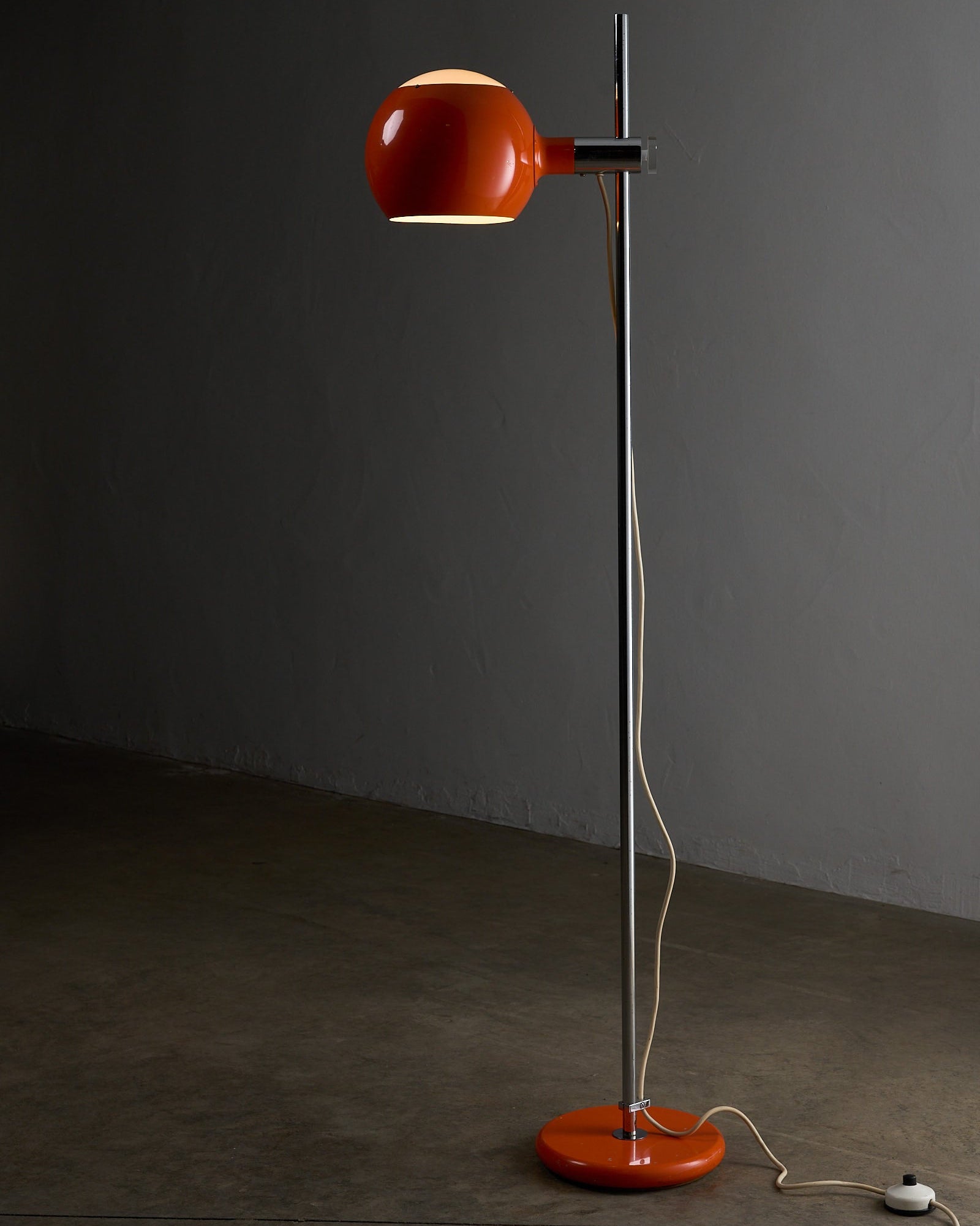 Orange Sphere Floor Lamp with Diffuser featuring a metal sphere and chrome stem.