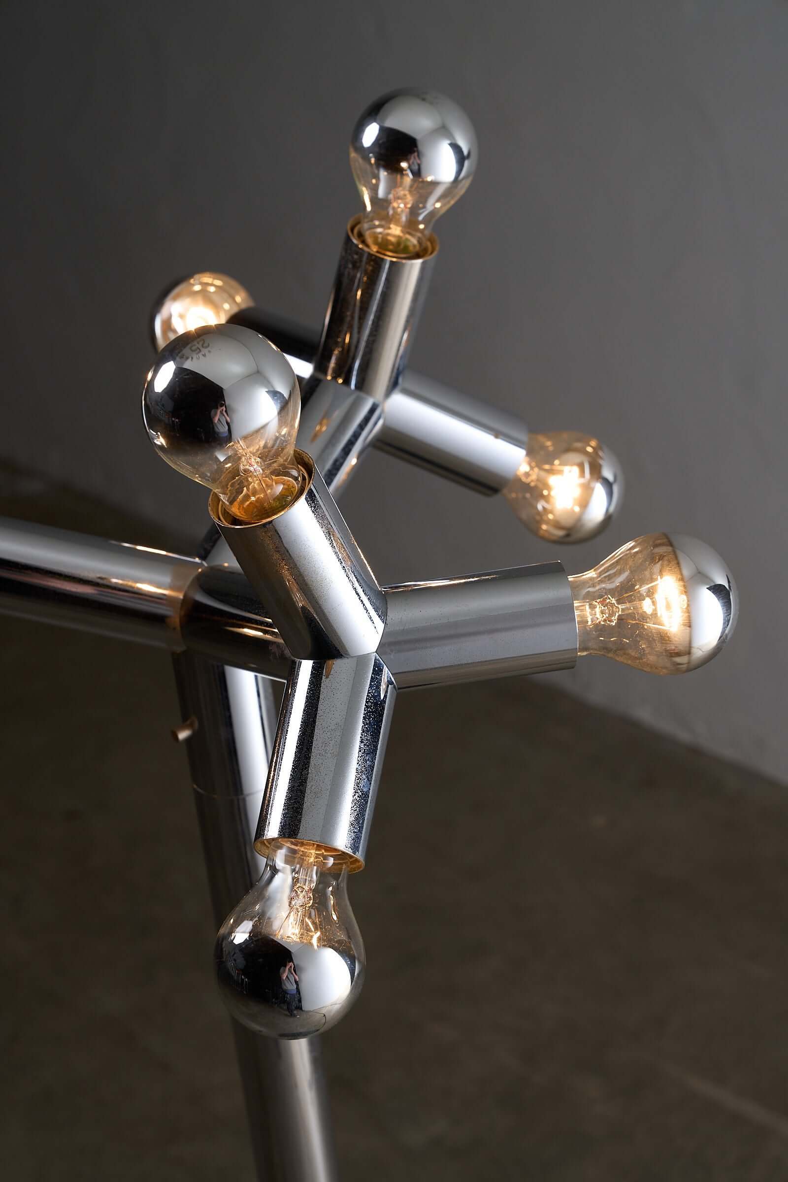 Space Age Atomic Floor Lamp featuring a polished chrome structure and unique geometric design.