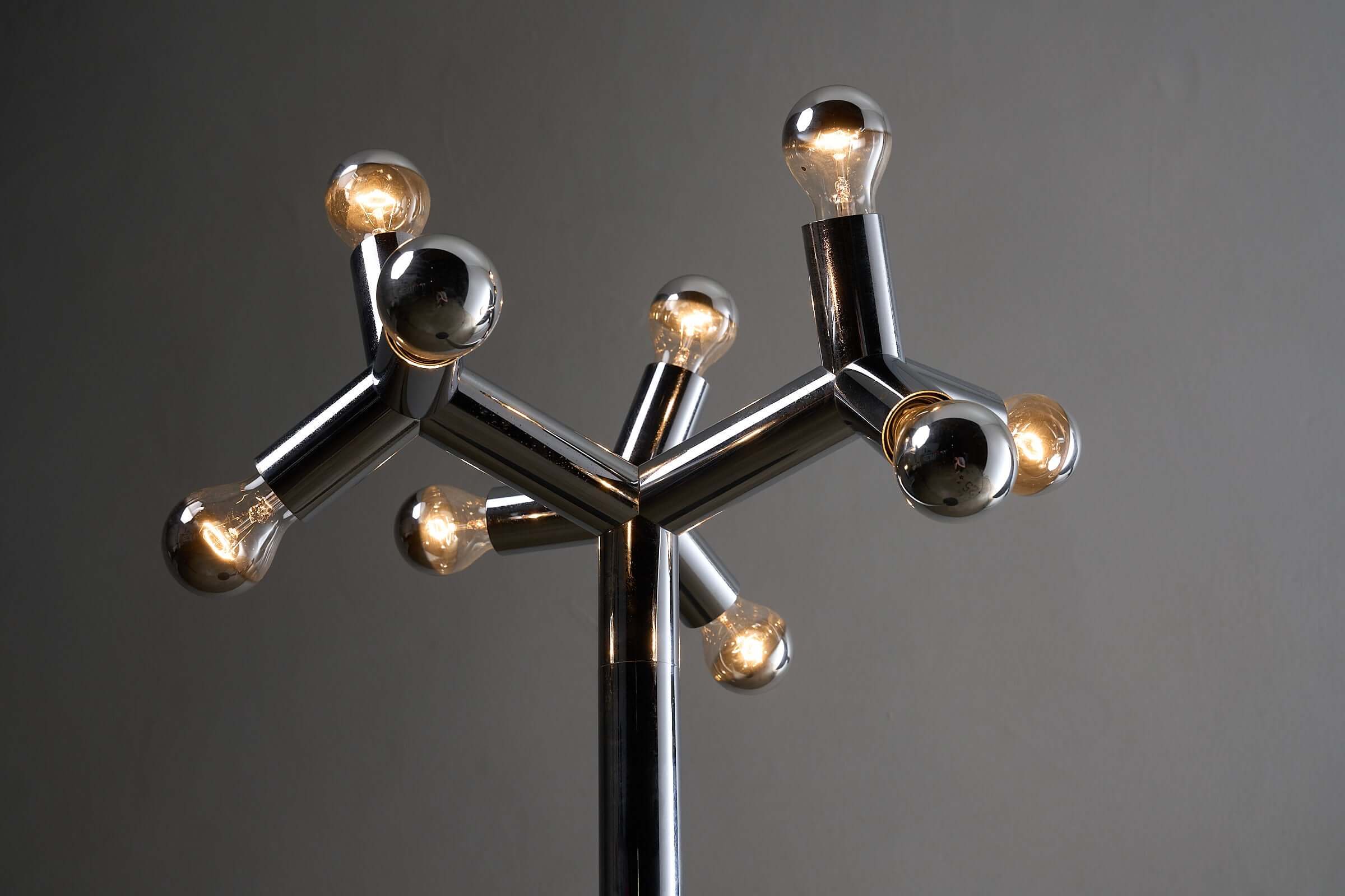 Space Age Atomic Floor Lamp with polished chrome finish and sculptural design, featuring multiple light bulbs.