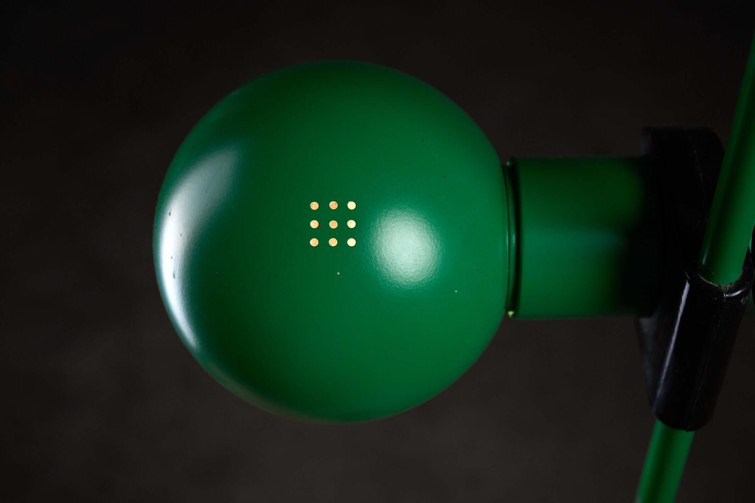 Green Floor Lamp By Raul Barbieri & Giorgio Marianelli, close-up of green spherical lampshade with decorative accents.