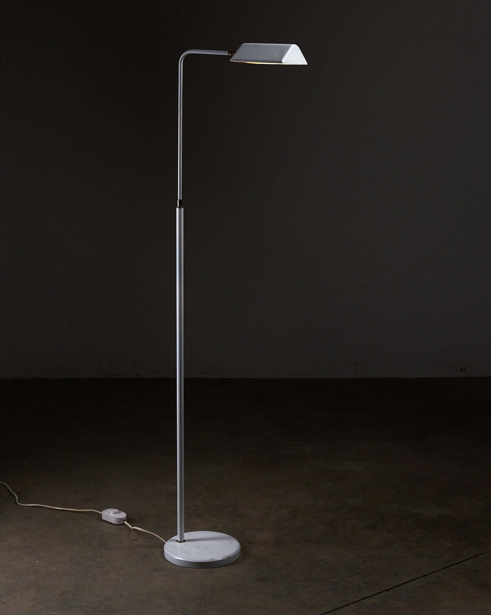 Adjustable Floor Lamp by Boulanger, White Finish with geometric triangular shade and brass details.