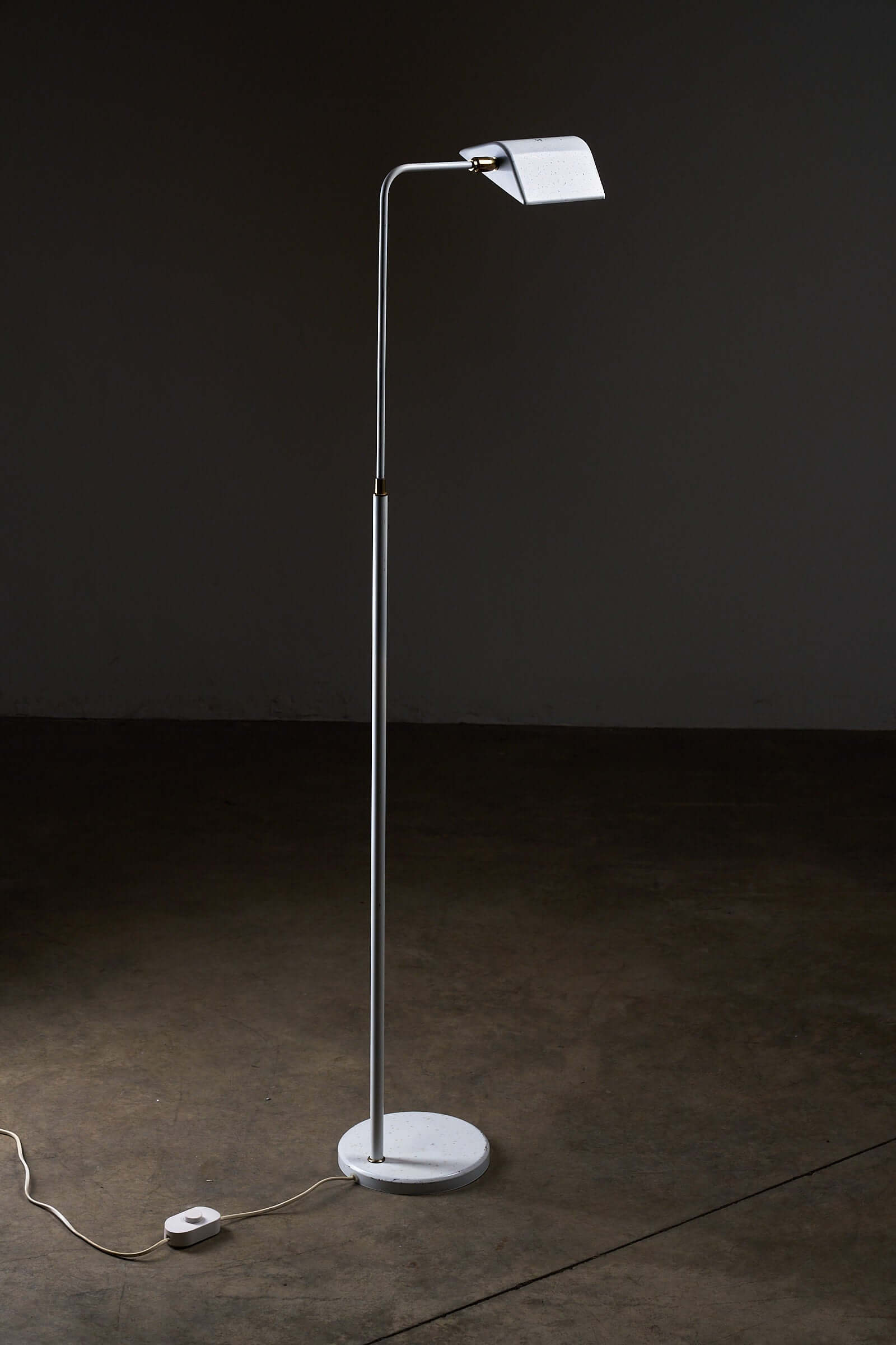 Adjustable Floor Lamp by Boulanger, White Finish with triangular shade and brass details, perfect for mid-century modern design.