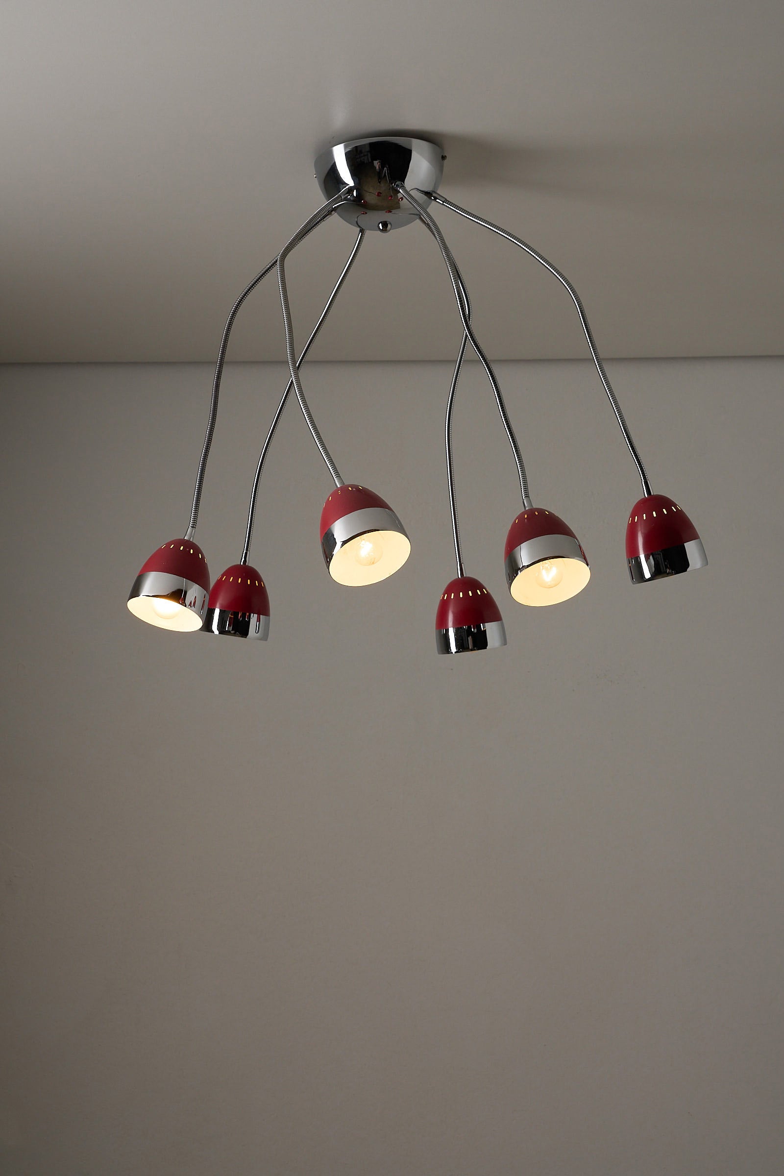 Six-Arm Flexible Ceiling Lamp, Chrome & Bordeaux with enamel shades and adjustable arms.