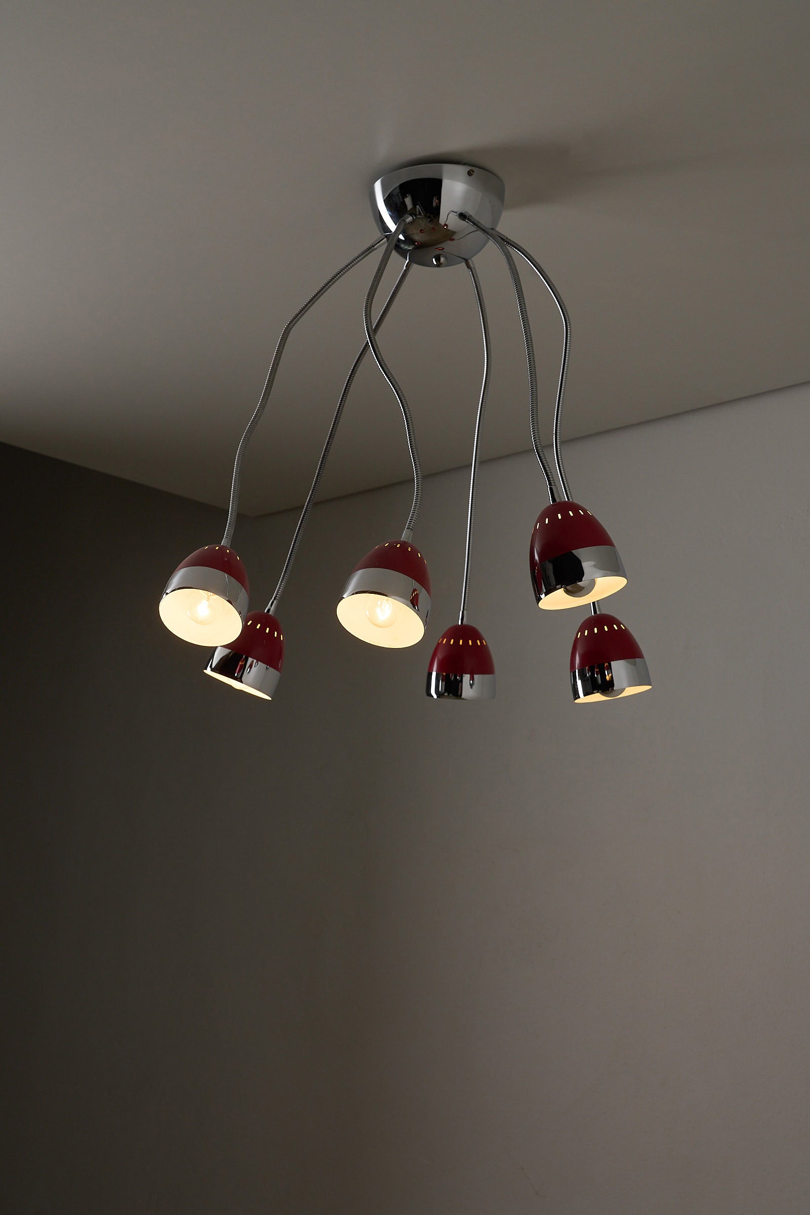 Six-Arm Flexible Ceiling Lamp, Chrome & Bordeaux showcasing adjustable arms and enamel shades.