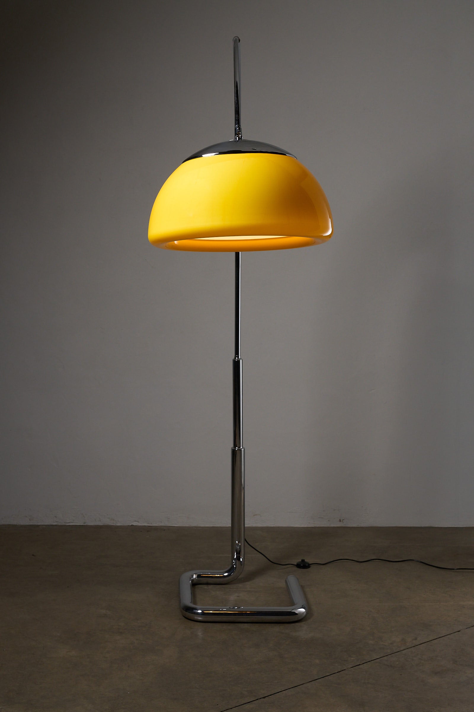 Arc Floor Lamp Acrylic Shade, Cosack (c. 1970s) with yellow shade and chrome base, showcasing Mid-Century Modern design.