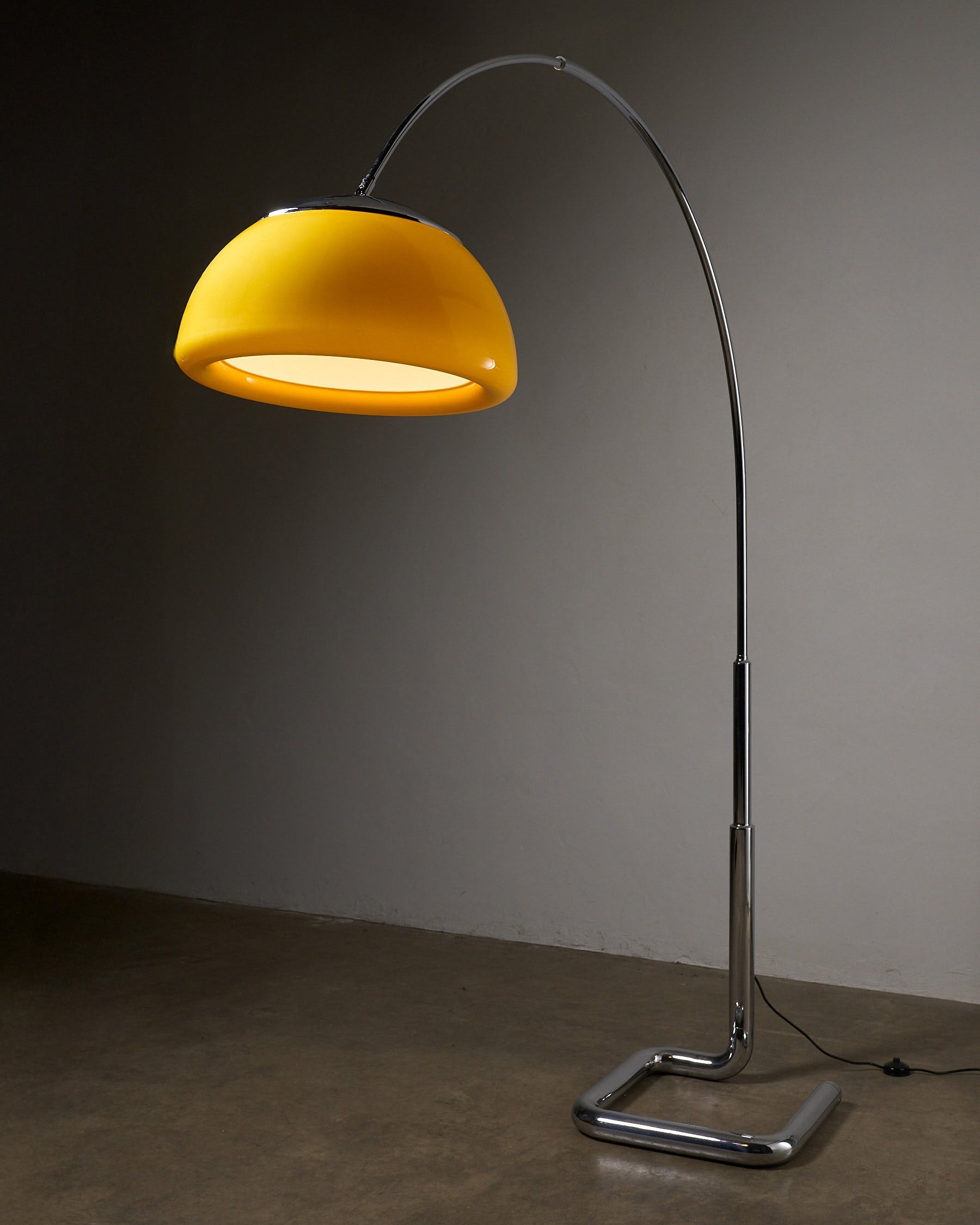 Arc Floor Lamp Acrylic Shade, Cosack (c. 1970s) in yellow with chrome base, showcasing Mid-Century Modern design.