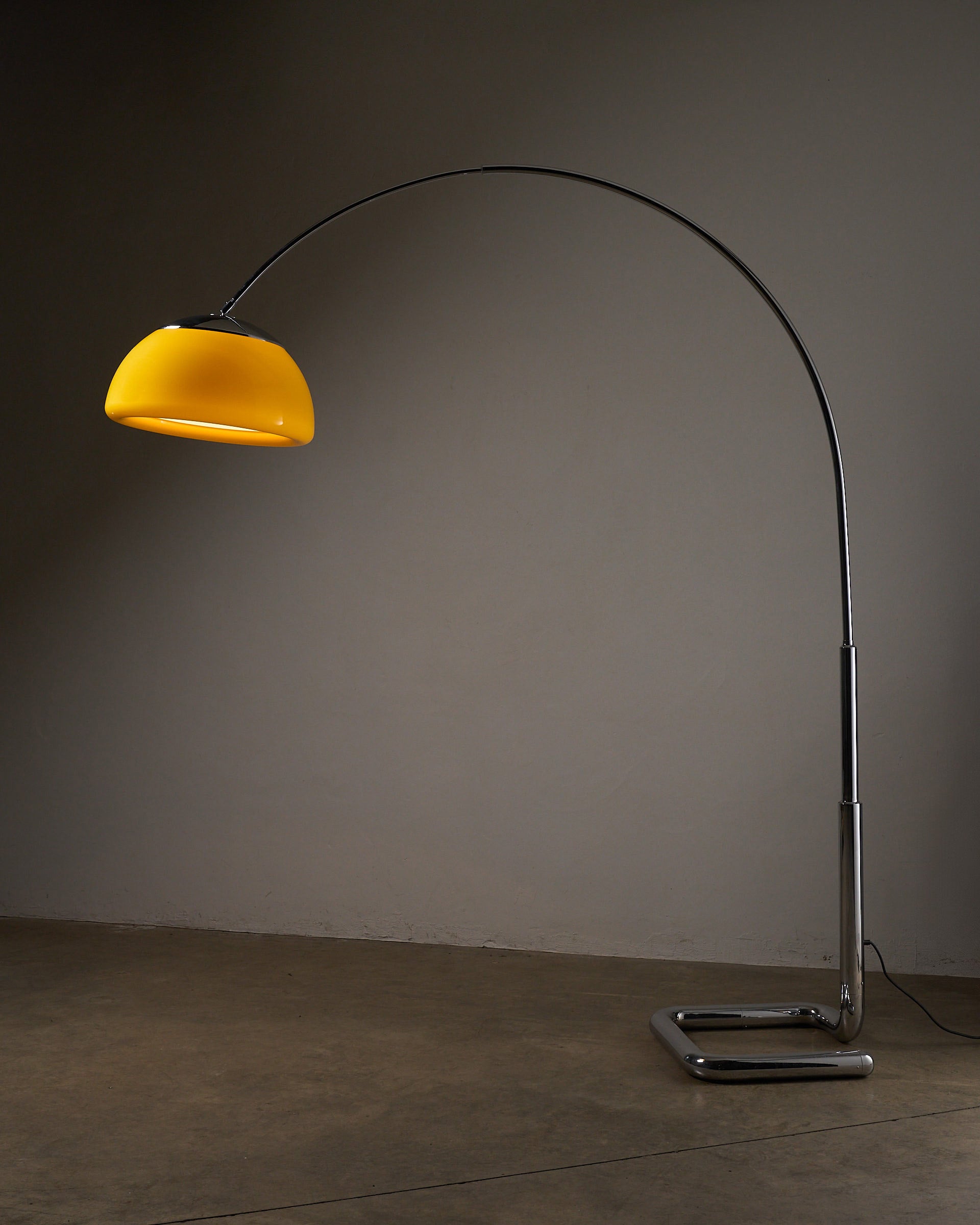 Arc Floor Lamp Acrylic Shade, Cosack (c. 1970s) with yellow shade and sleek chrome base, showcasing Mid-Century Modern design.