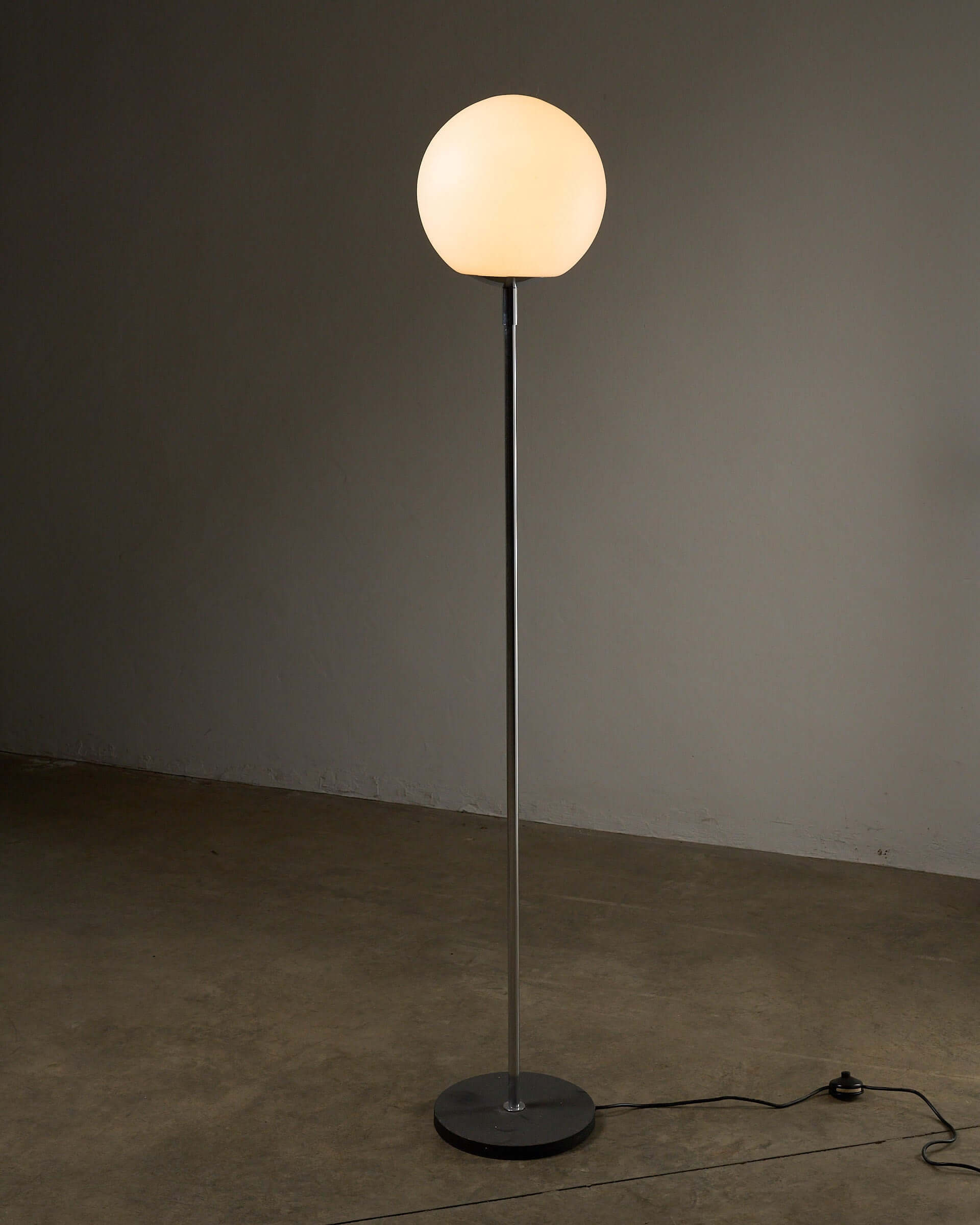 Opal Glass Dome Floor Lamp with Chrome Stem (c. 1970s) featuring a large opaline shade and polished chrome stem.