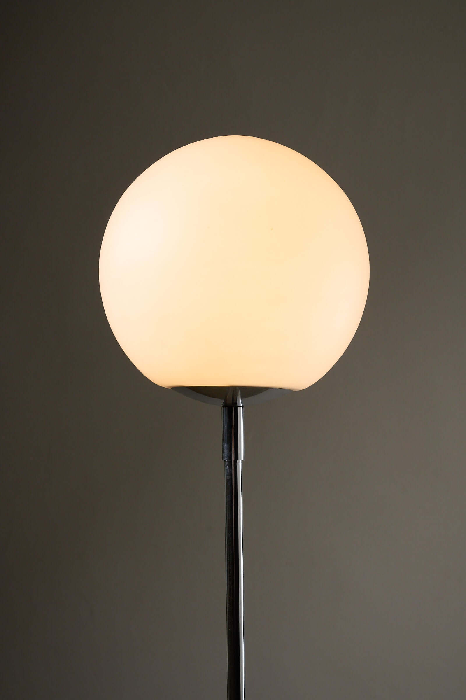 Opal Glass Dome Floor Lamp with Chrome Stem (c. 1970s) featuring a large opaline shade and chrome stem.