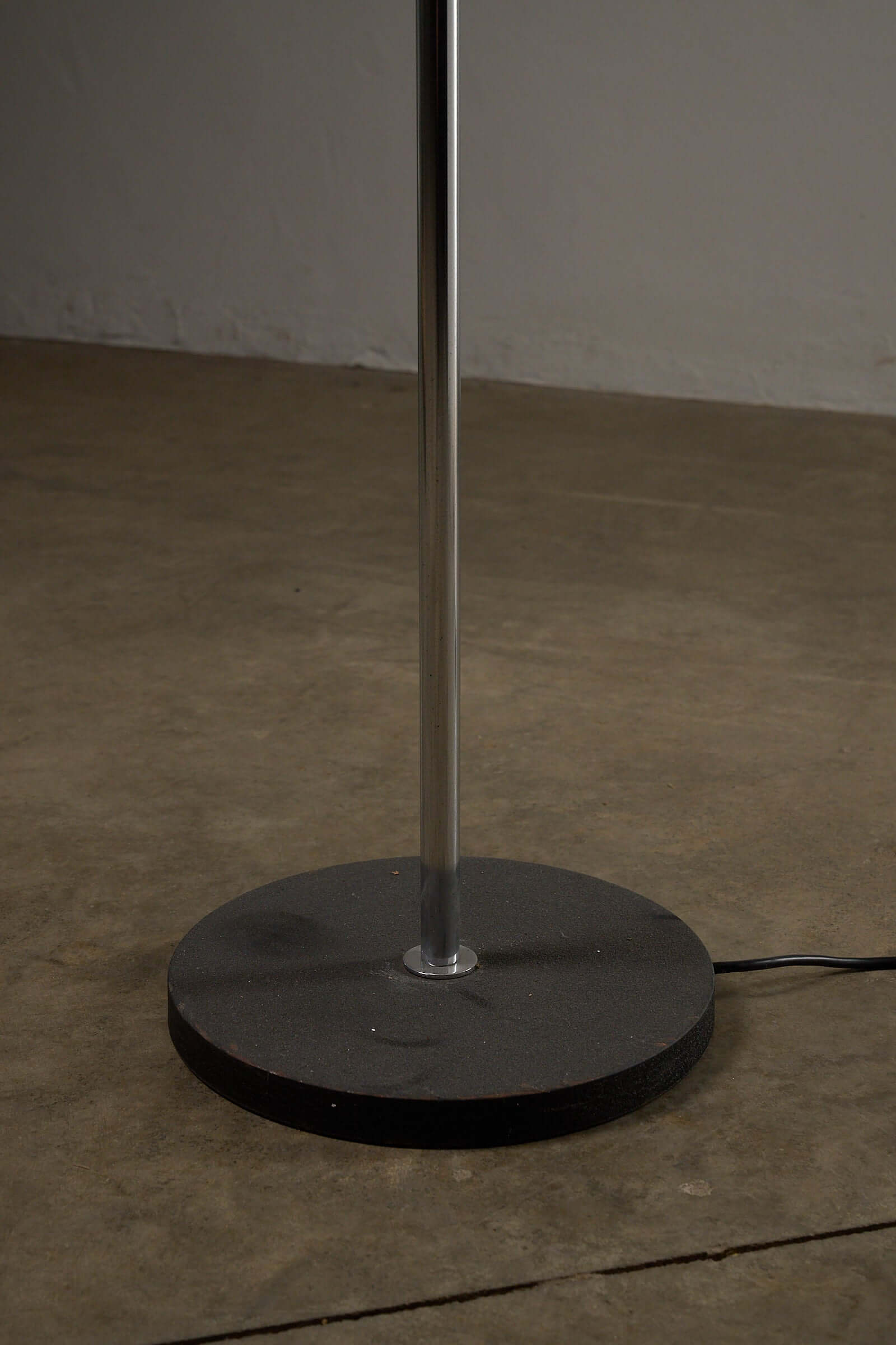 Opal Glass Dome Floor Lamp with Chrome Stem (c. 1970s) base featuring a weighted black circular base and polished chrome stem.