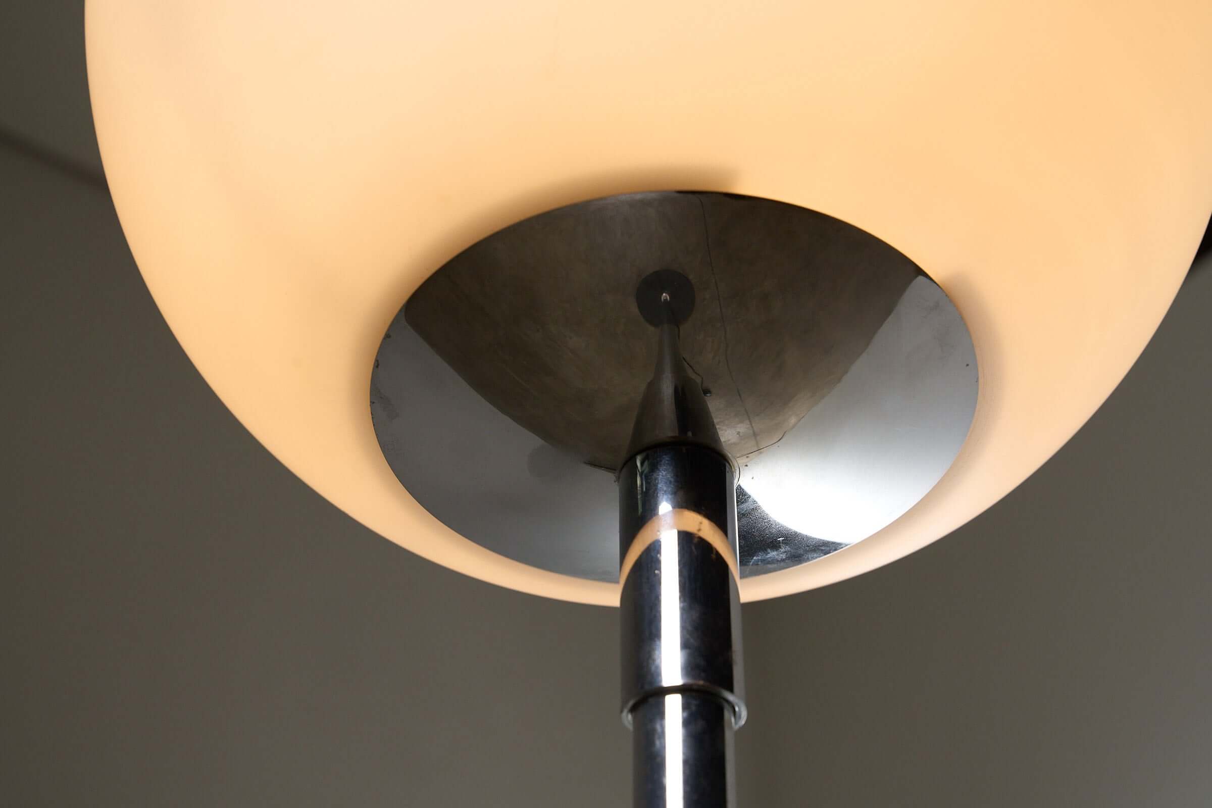 Opal Glass Dome Floor Lamp with Chrome Stem (c. 1970s) top view showcasing the large opaline shade and chrome stem.