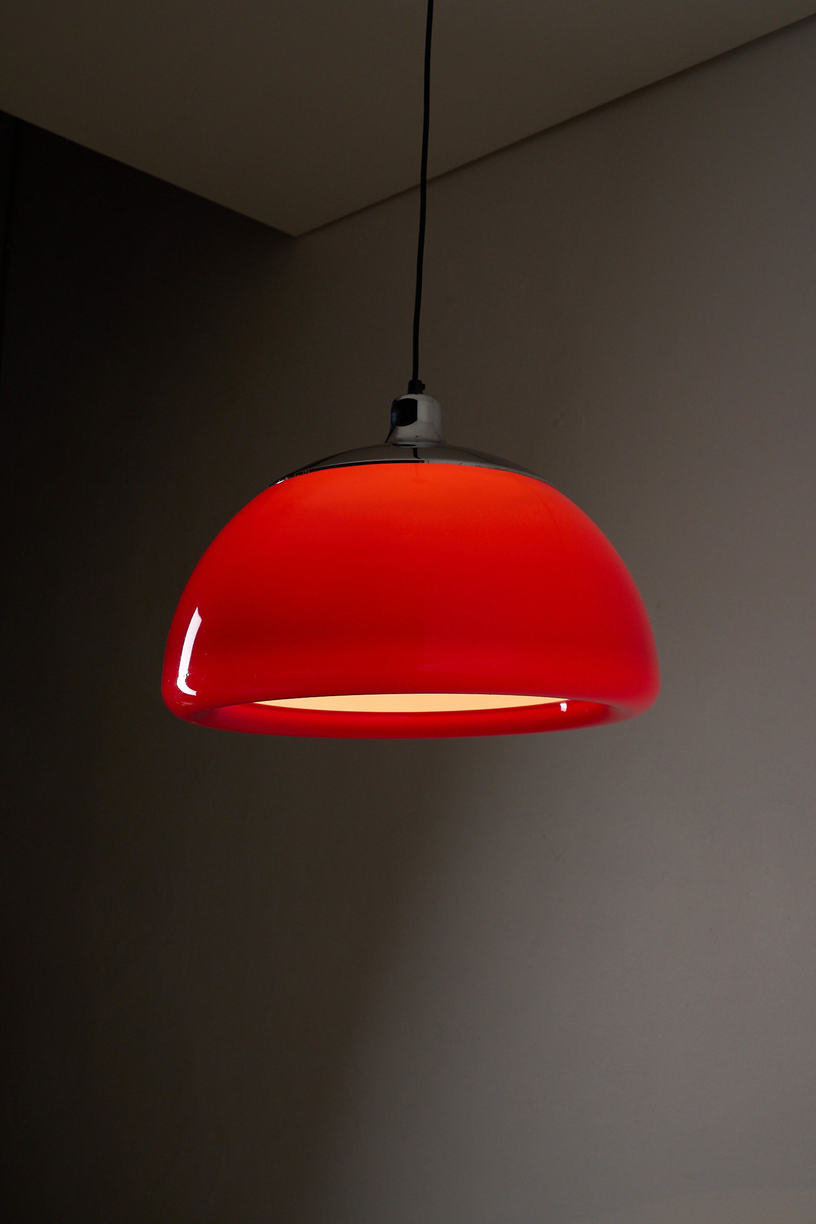 Cosack red acrylic ceiling lamp with chrome detail, Germany, 1970s hanging pendant lamp in vibrant red.