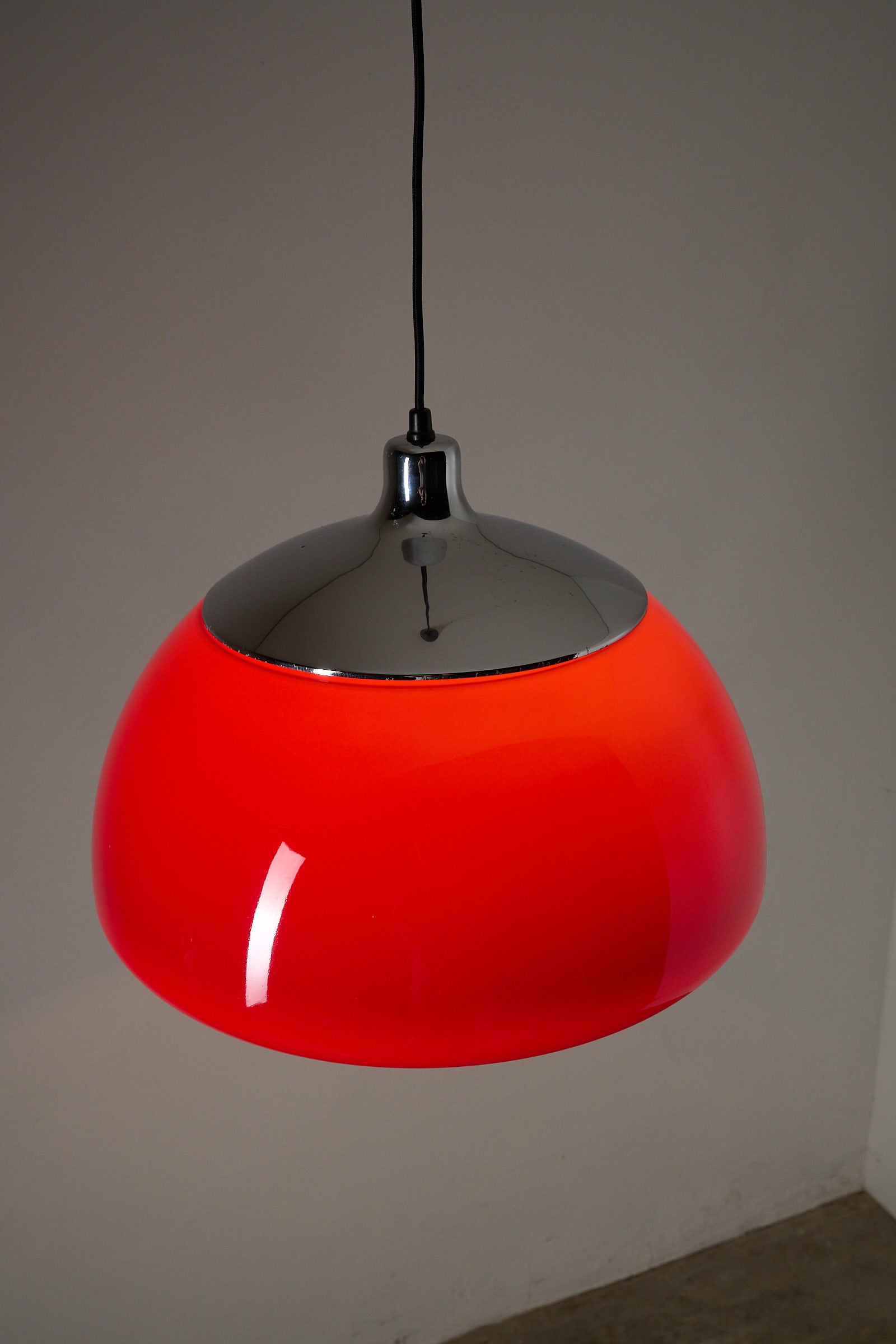 Cosack red acrylic ceiling lamp with chrome detail, Germany, 1970s, vibrant pendant with modern design.