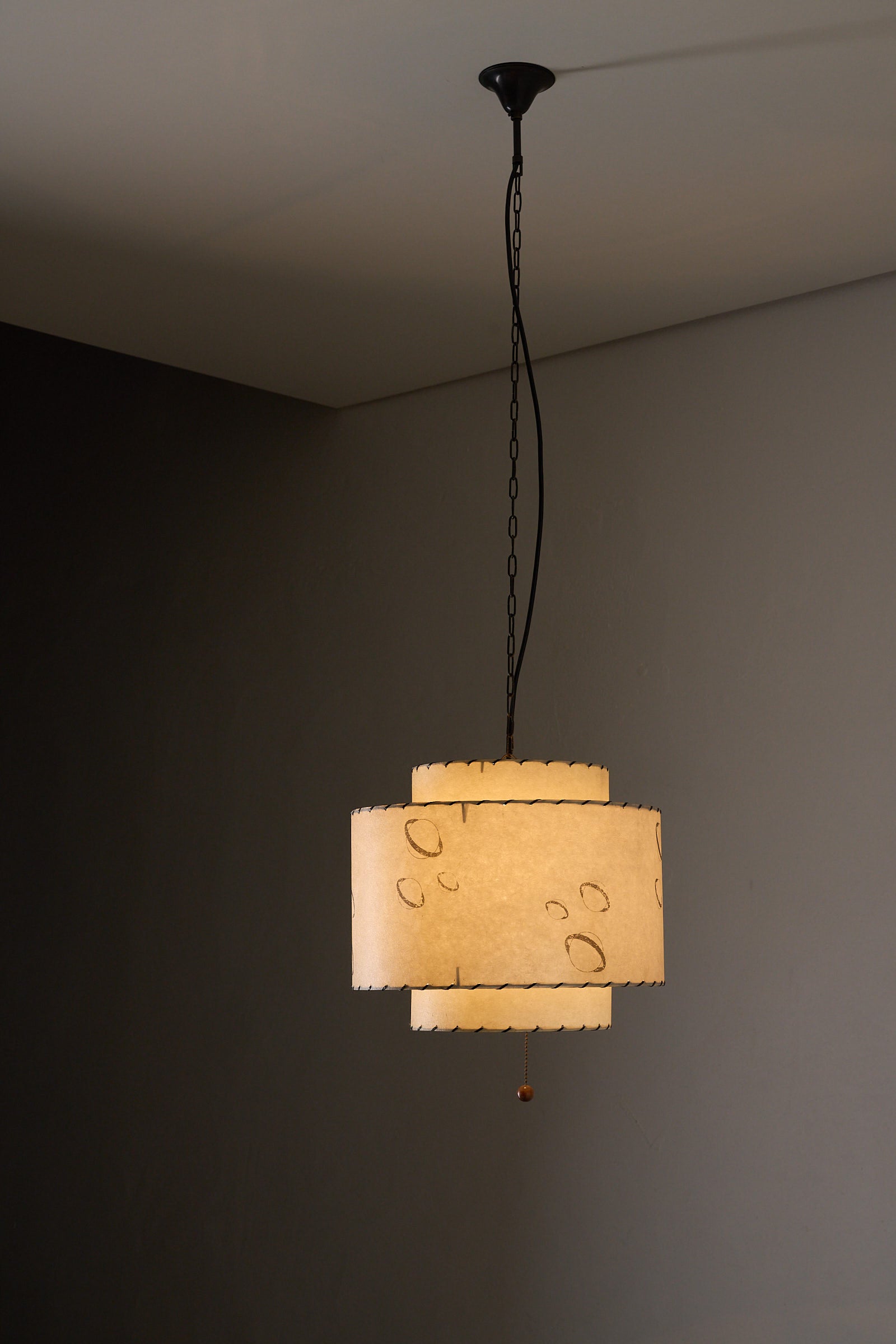 Parchment Pendant Lamp by Archaic Smile Inc, large double-tiered lamp with planet pattern, 1990s design.