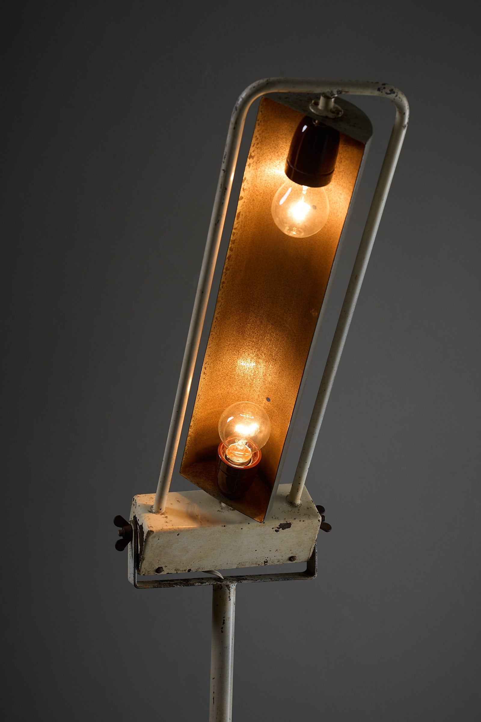 Industrial Medical Floor Lamp, Adjustable Enamel and Metal Construction with illuminated bulbs showcasing its unique design.
