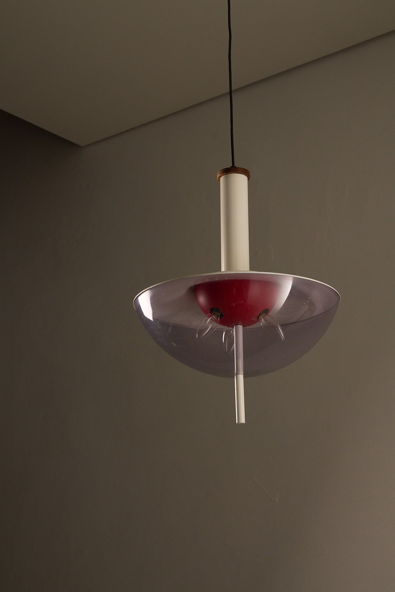 Ceiling Lamp with With Metal Structure and Tinted Acrylic Dome hanging from ceiling, featuring violet dome and cylindrical stem.