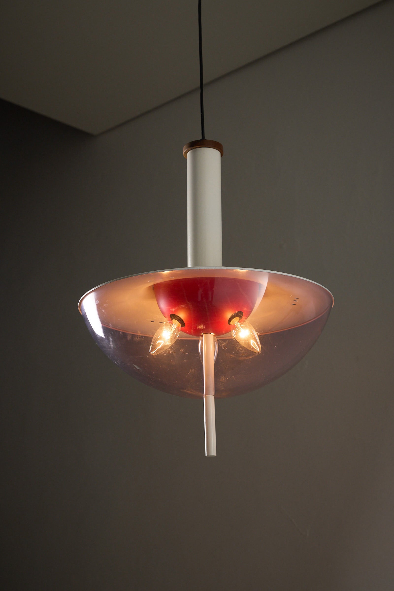 Ceiling Lamp with With Metal Structure and Tinted Acrylic Dome hanging with multiple bulbs and a vintage design.