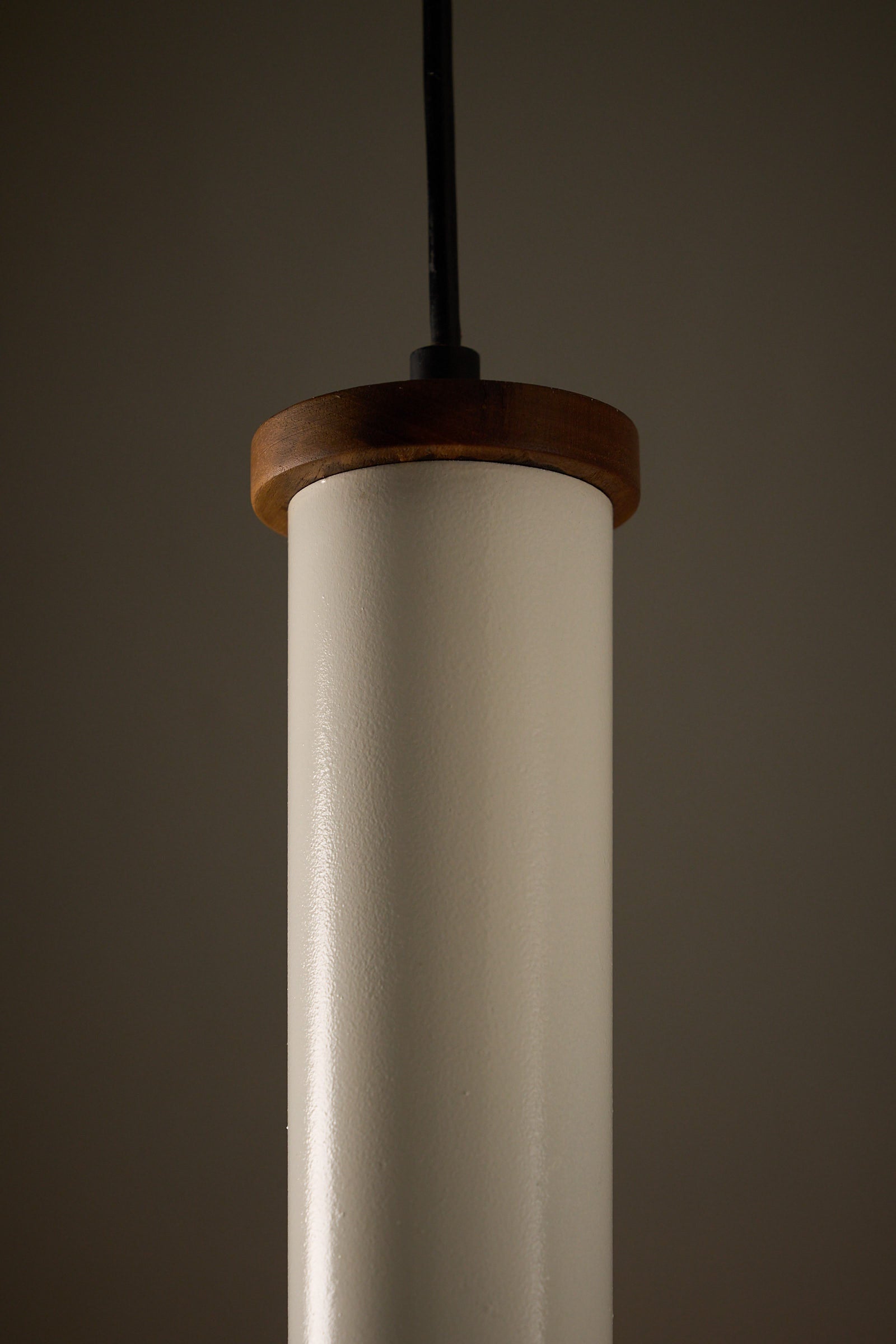 Ceiling Lamp with With Metal Structure and Tinted Acrylic Dome showcasing a cylindrical white body and wooden cap.