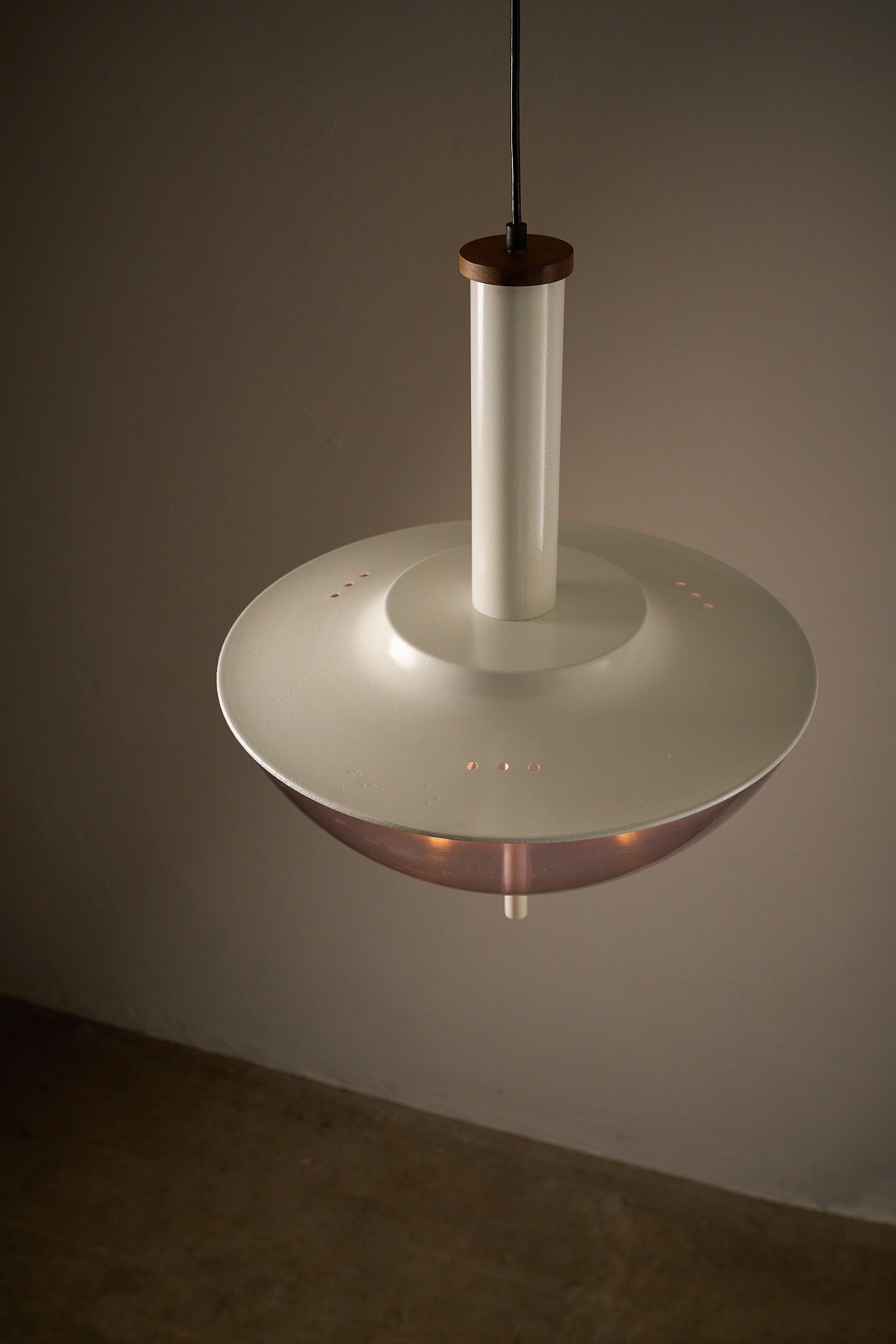 Ceiling Lamp with With Metal Structure and Tinted Acrylic Dome hanging pendant light with cylindrical stem and dome diffuser.