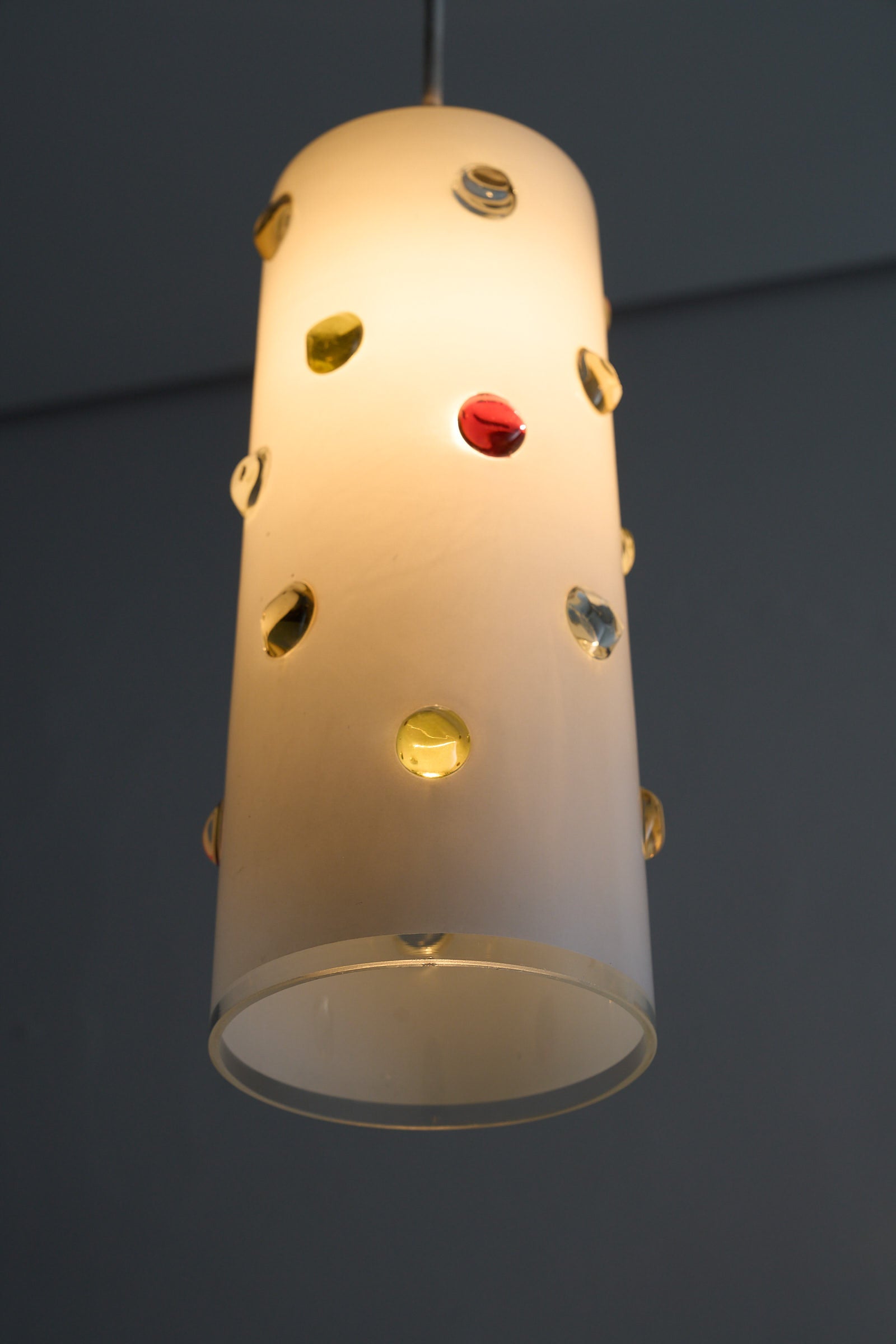 Vistosi Pendant Lamp With Colored Dots featuring satin white Murano glass and colorful surface decoration.