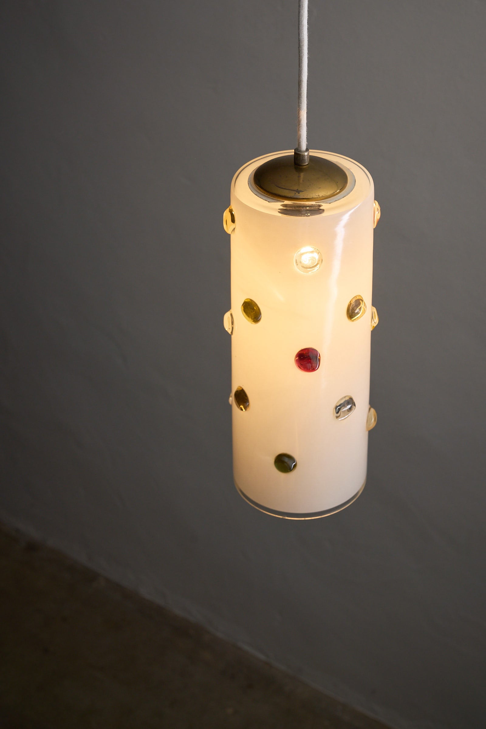 Vistosi Pendant Lamp With Colored Dots, cylindrical satin white Murano glass shade with playful colored dots.