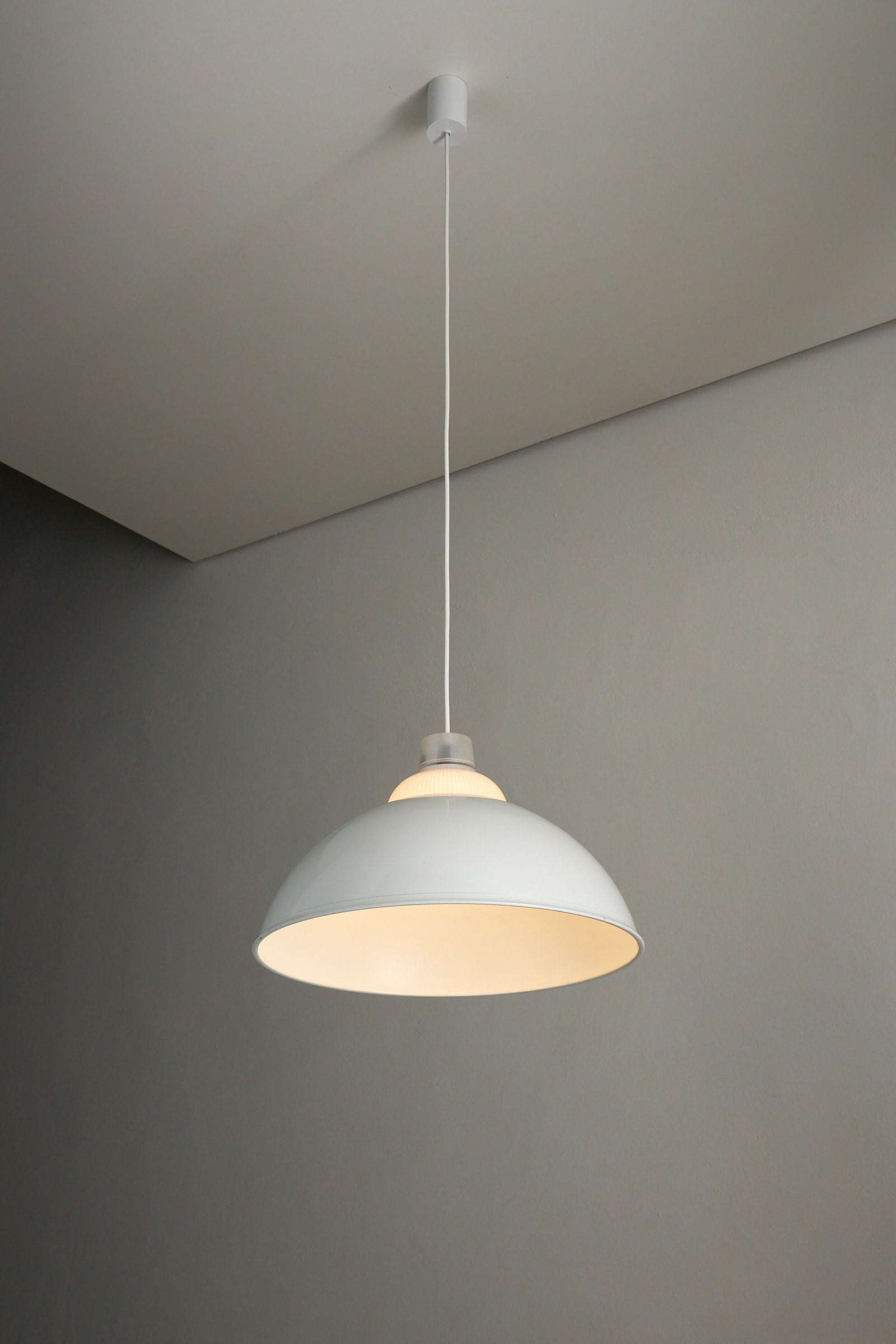 White Ceiling Lamp by Metalarte Spain, featuring a white metal dome shade and warm ribbed glass detail.
