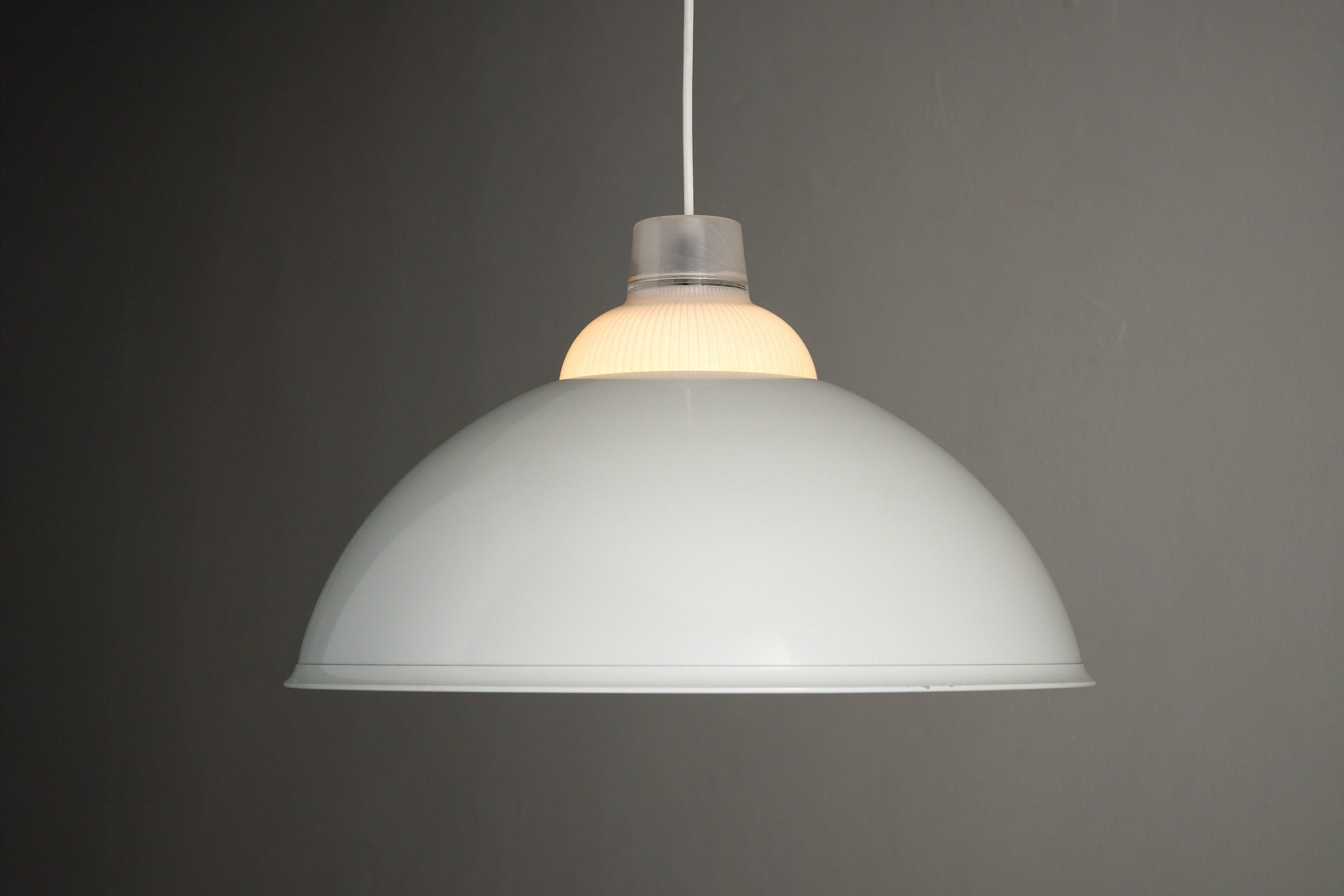 White Ceiling Lamp by Metalarte Spain, featuring a white metal dome and ribbed glass detail.