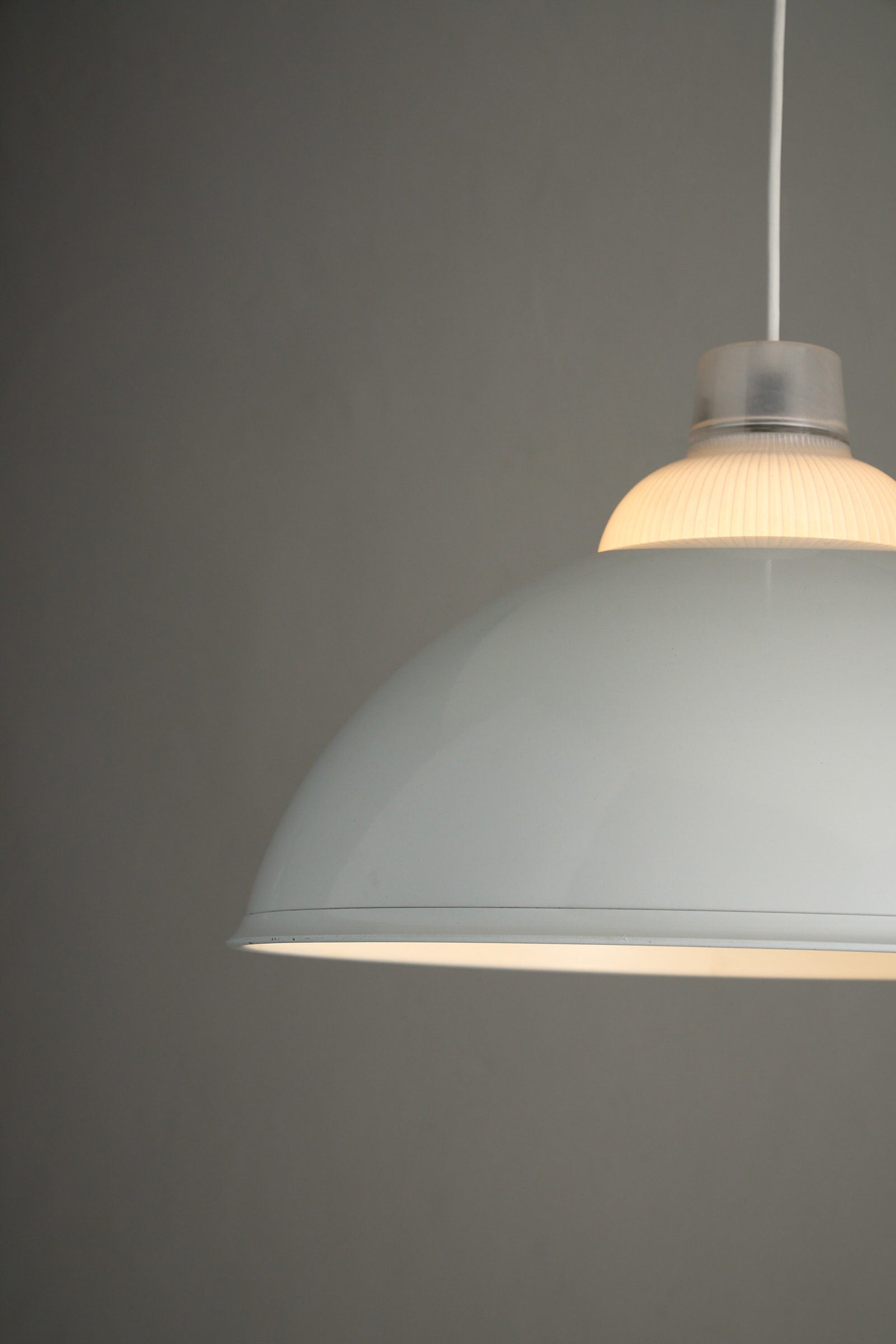 White Ceiling Lamp by Metalarte Spain featuring a white metal dome shade and ribbed glass detail.