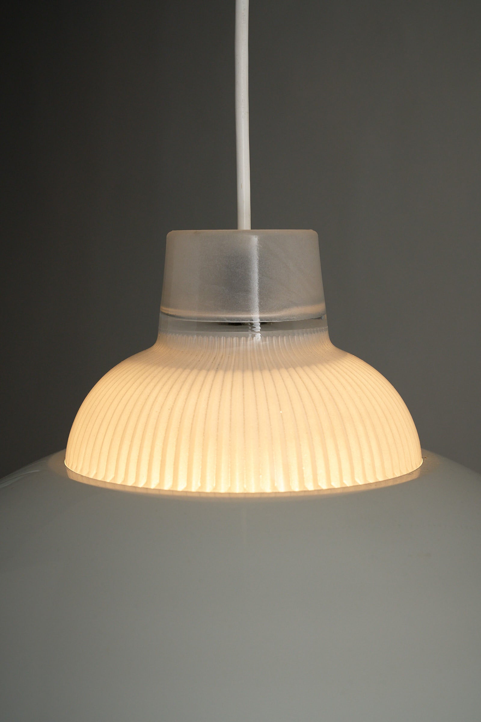 White Ceiling Lamp by Metalarte Spain with ribbed glass detail and white metal shade.